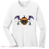 Jack O Lantern Creepy Skull Bat Halloween Women's Long Sleeve Shirt thumb 0