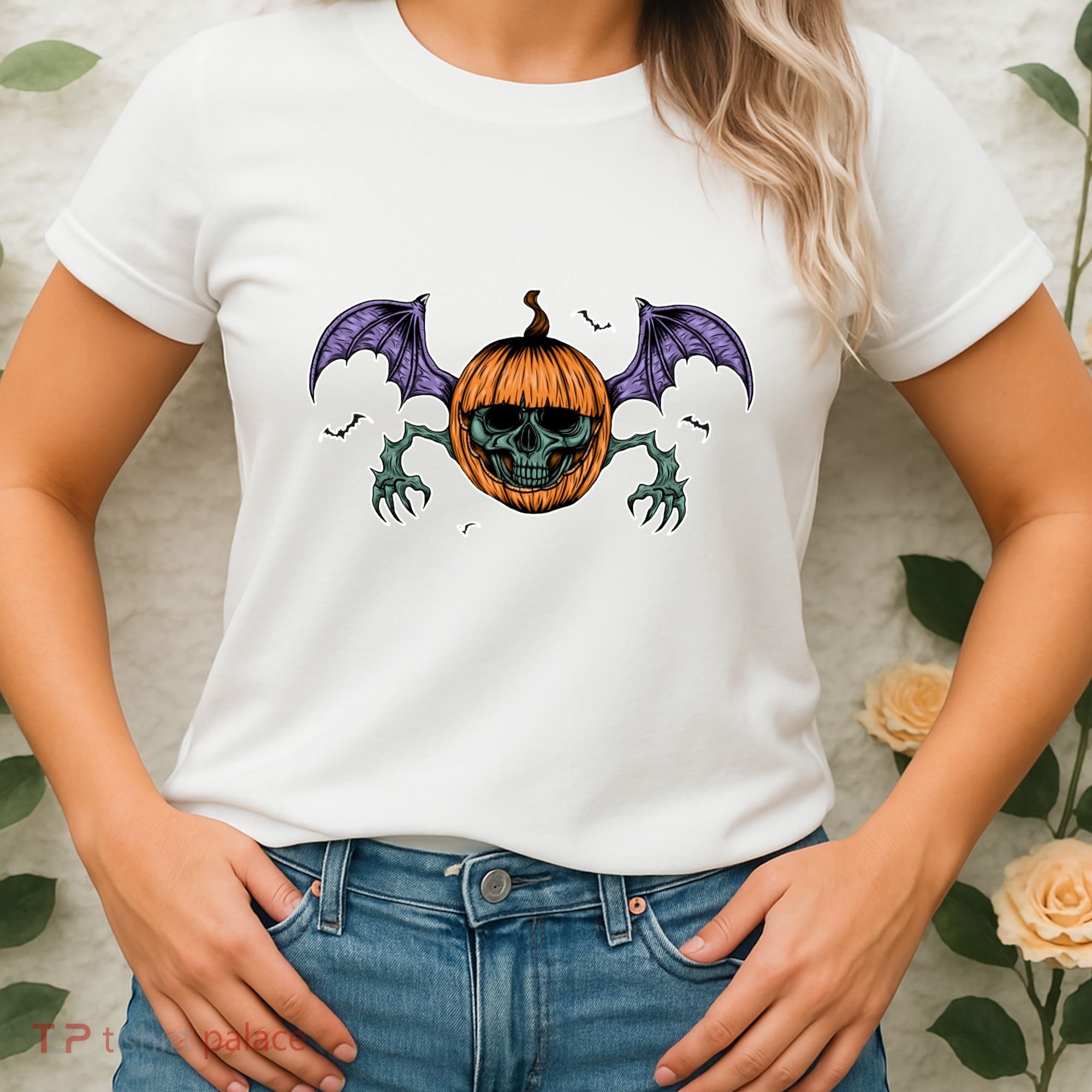 Jack O Lantern Creepy Skull Bat Halloween Women's T-Shirt