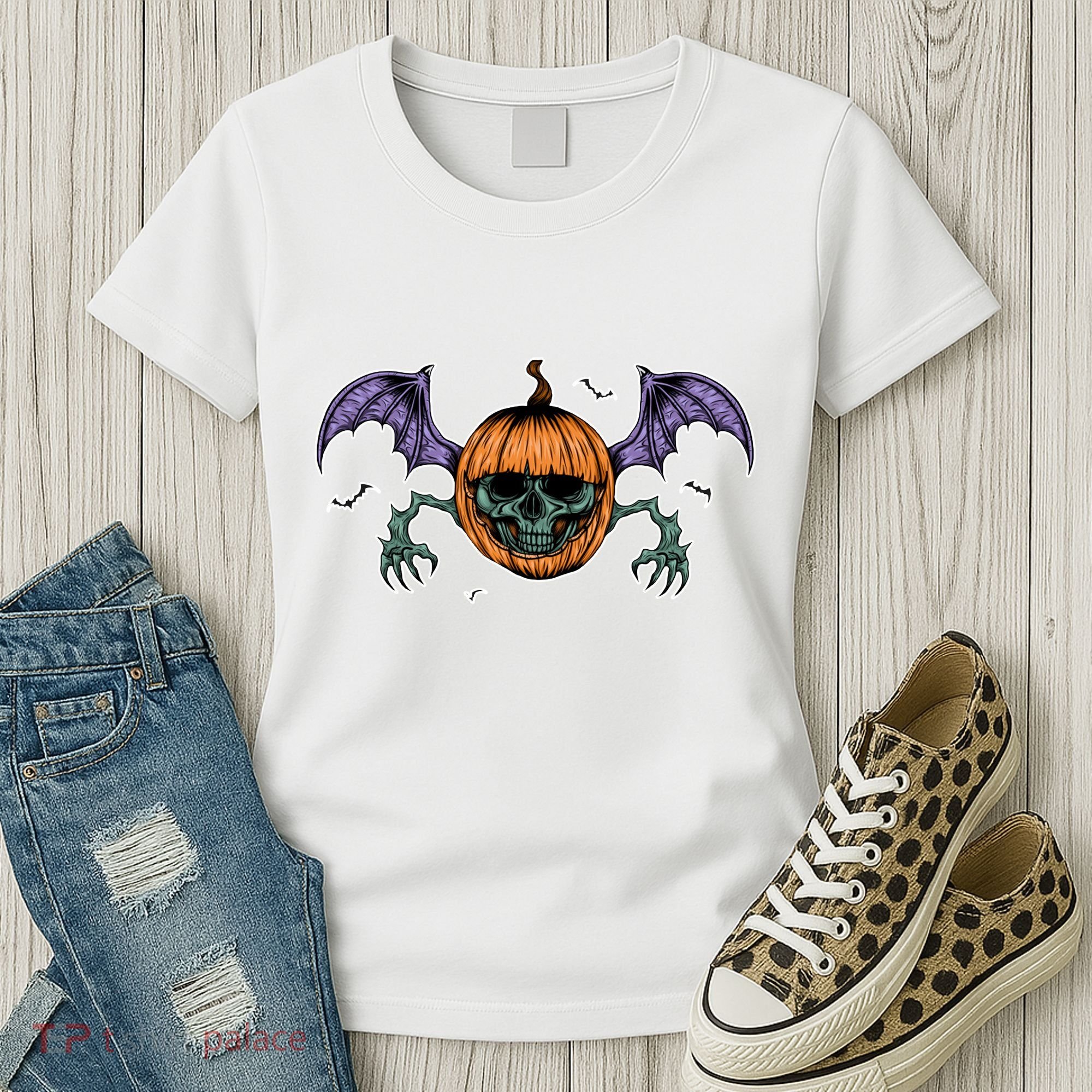 Jack O Lantern Creepy Skull Bat Halloween Women's T-Shirt