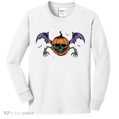 Jack O Lantern Creepy Skull Bat Halloween Kids Long Sleeve Shirt