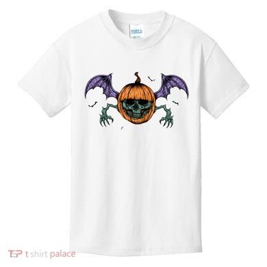 Jack O Lantern Creepy Skull Bat Halloween Kids T-Shirt