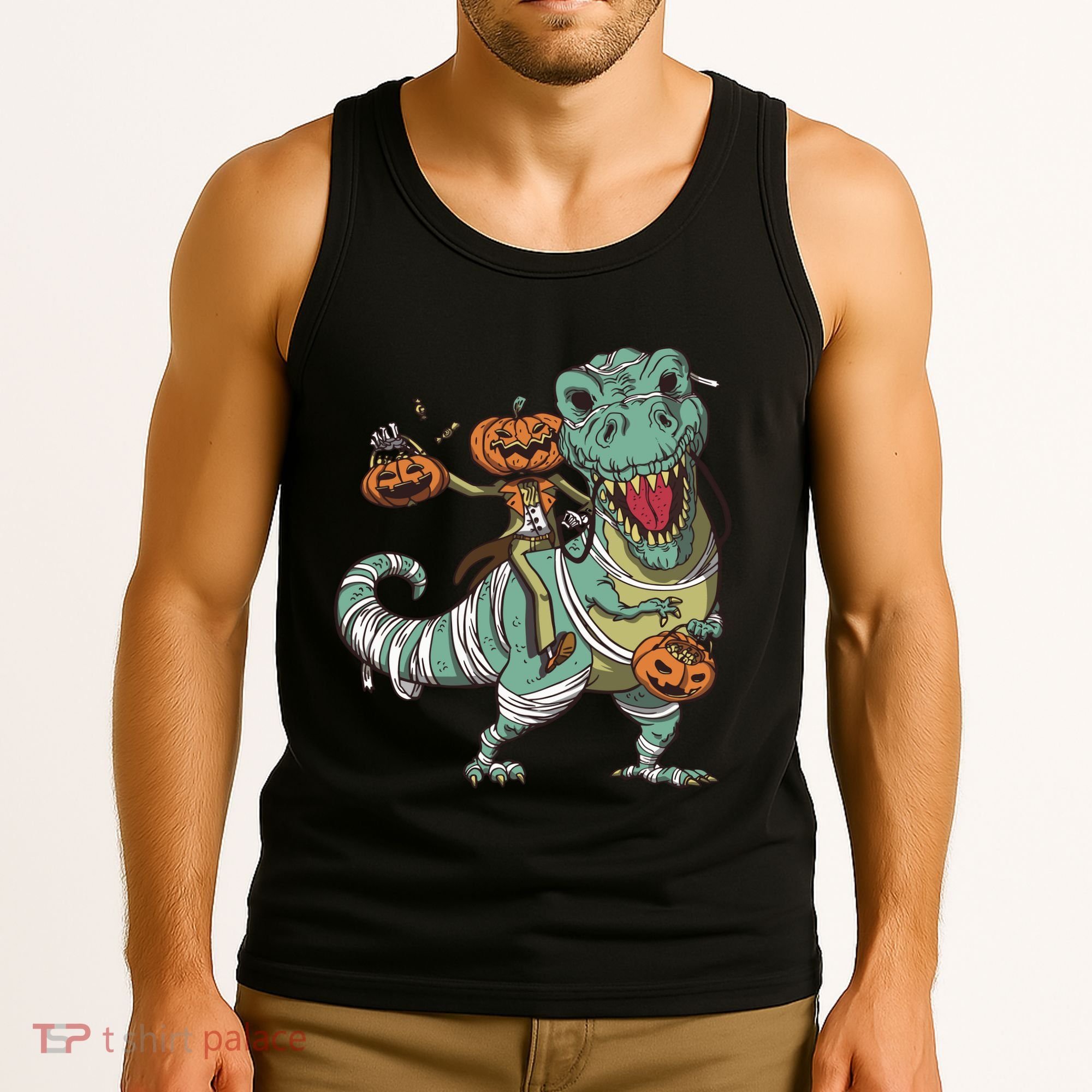 Jack O Lantern Riding T Rex Tank Top