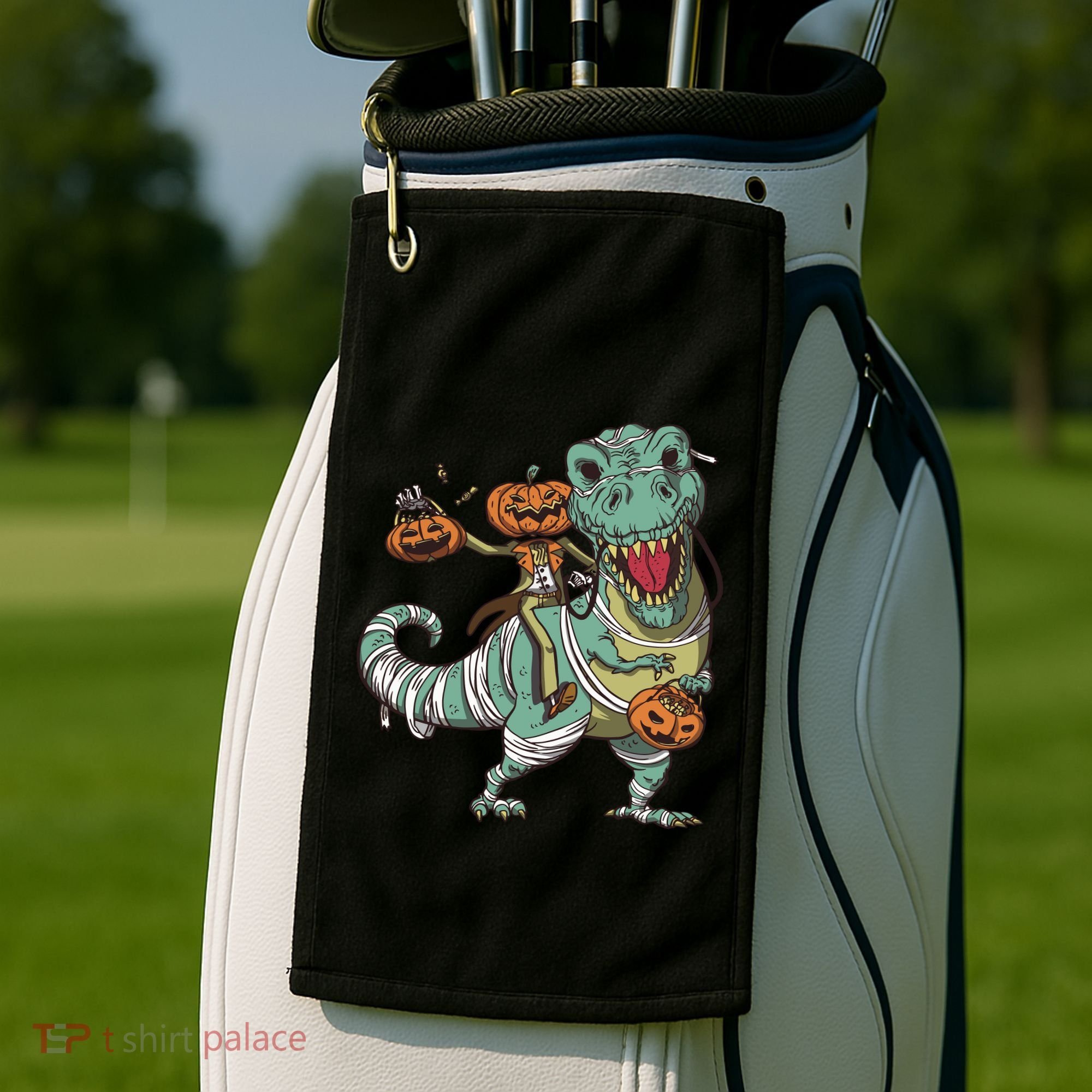 Jack O Lantern Riding T Rex Golf Towel