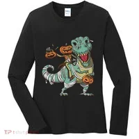 Jack O Lantern Riding T Rex Women's Long Sleeve Shirt thumb 0