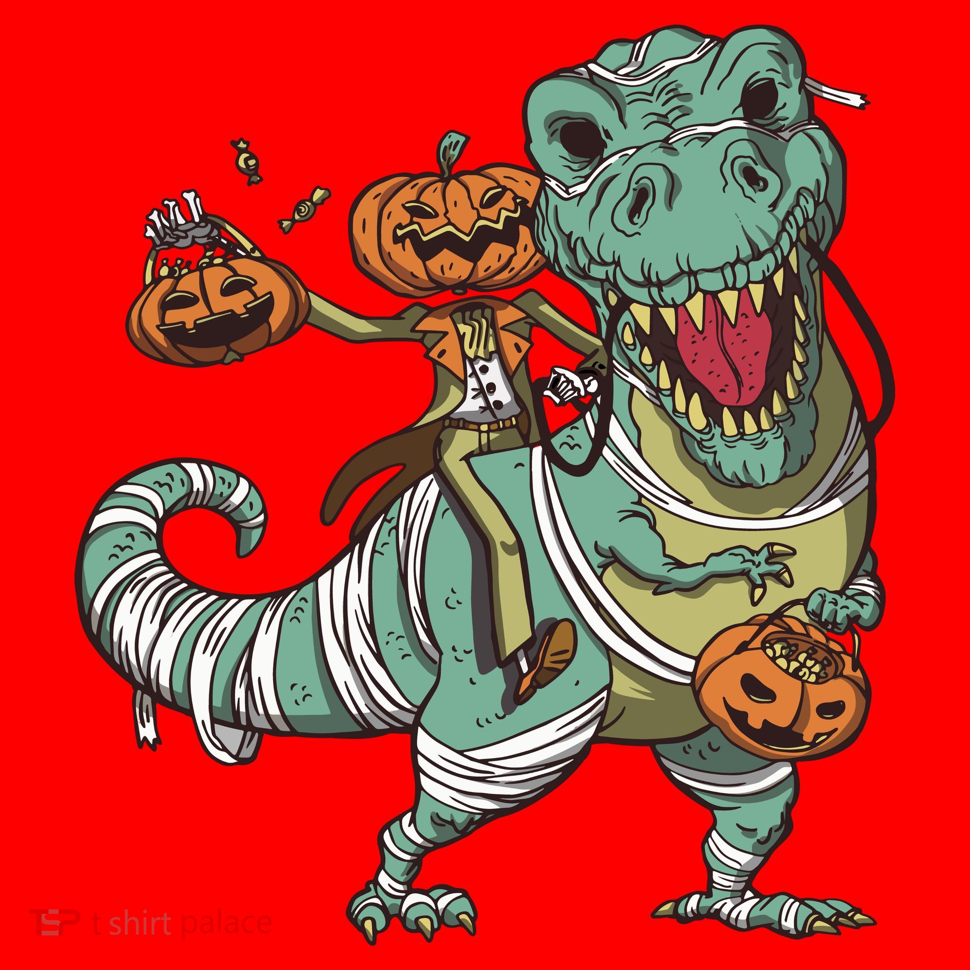Jack O Lantern Riding T Rex Santa Hat