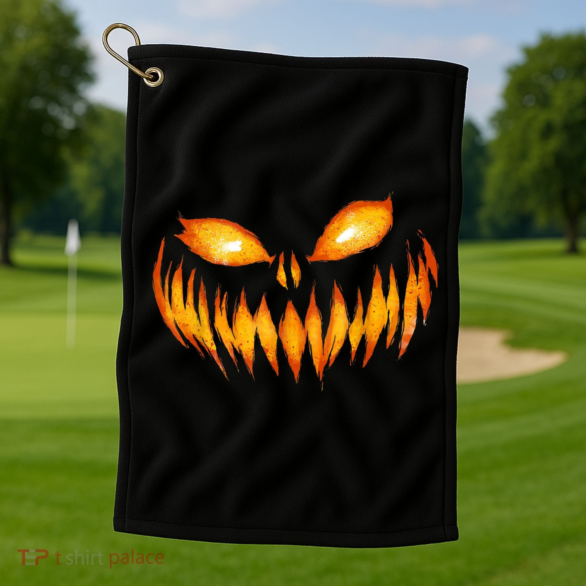 Jack O Lantern Scary Carved Pumpkin Face Halloween Golf Towel
