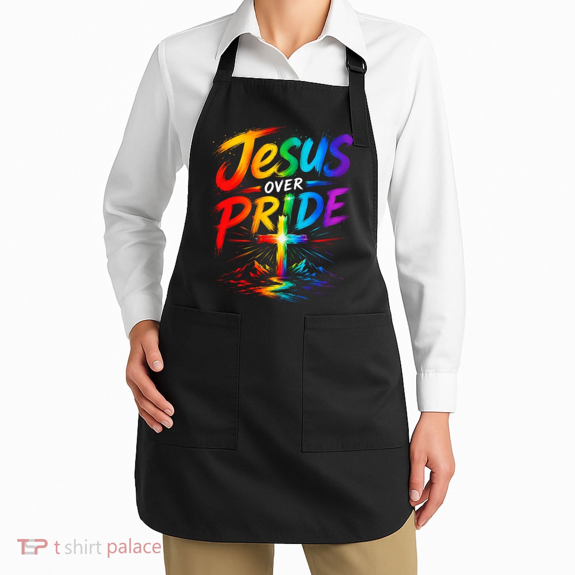 Jesus Over Pride Rainbow Cross Apron