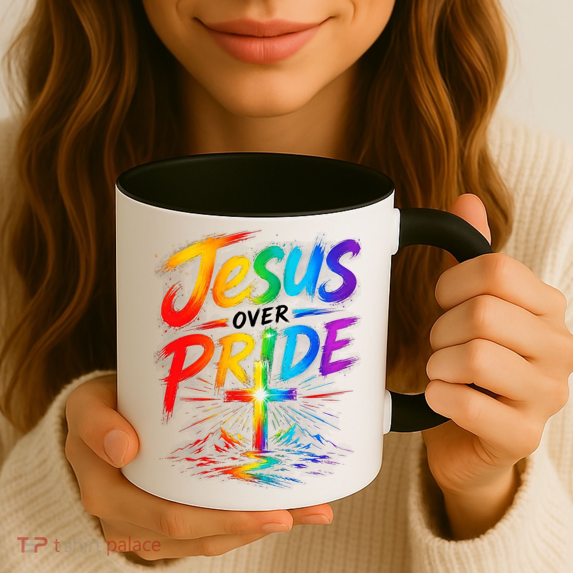 Jesus Over Pride Rainbow Cross Coffee Mug
