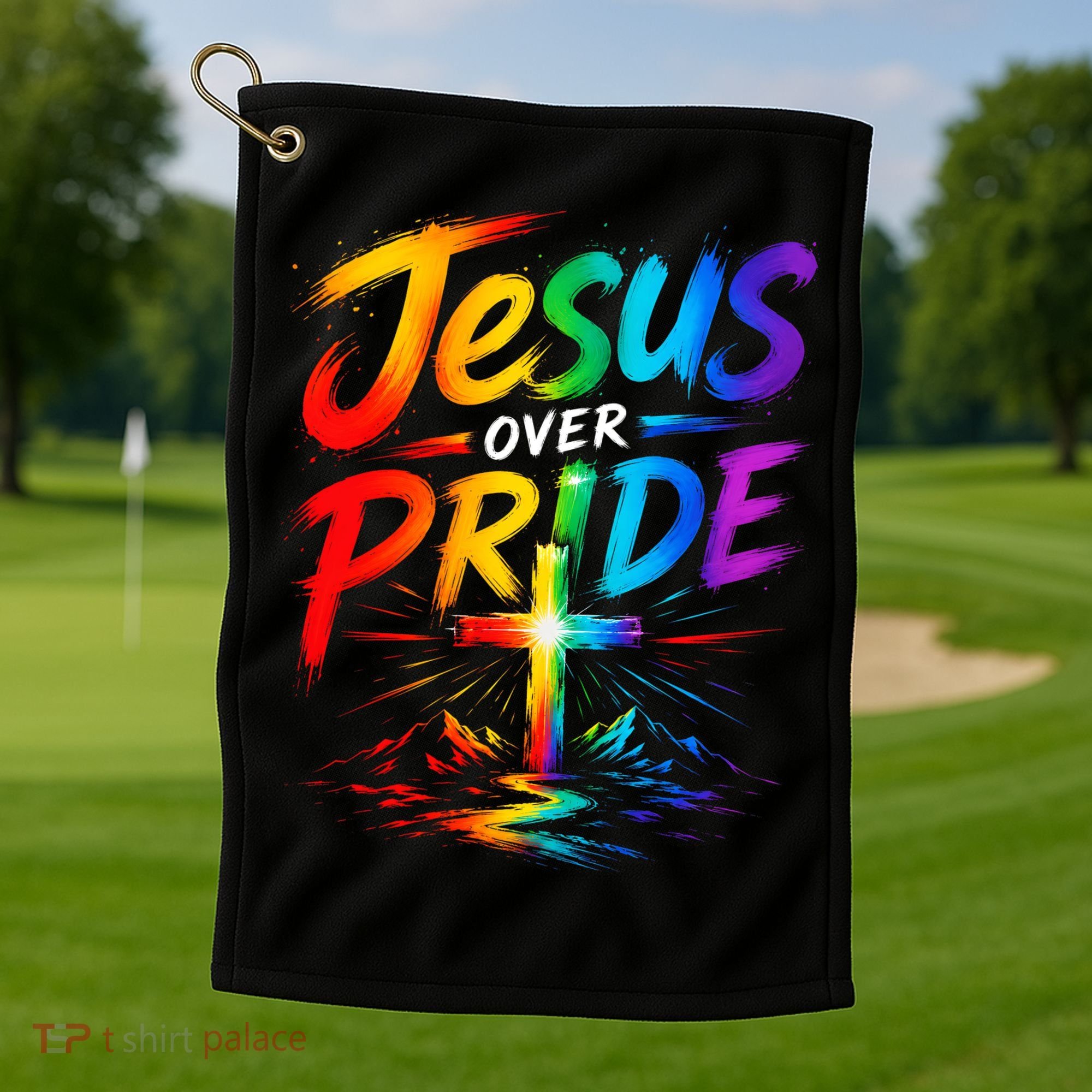 Jesus Over Pride Rainbow Cross Golf Towel
