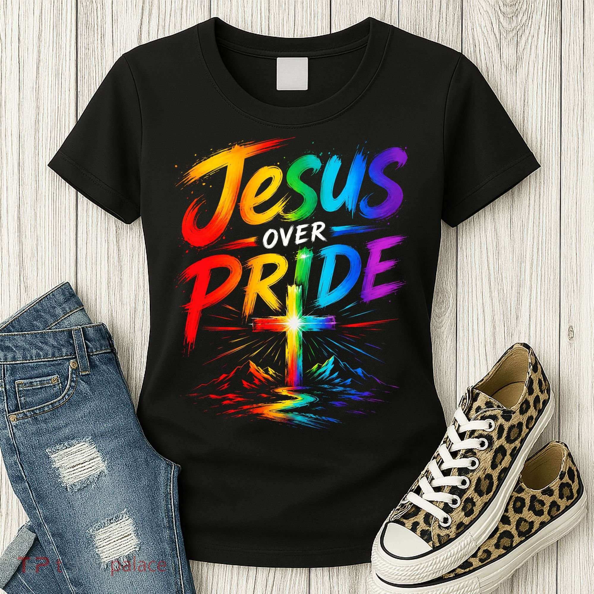 Jesus Over Pride Rainbow Cross Women's T-Shirt