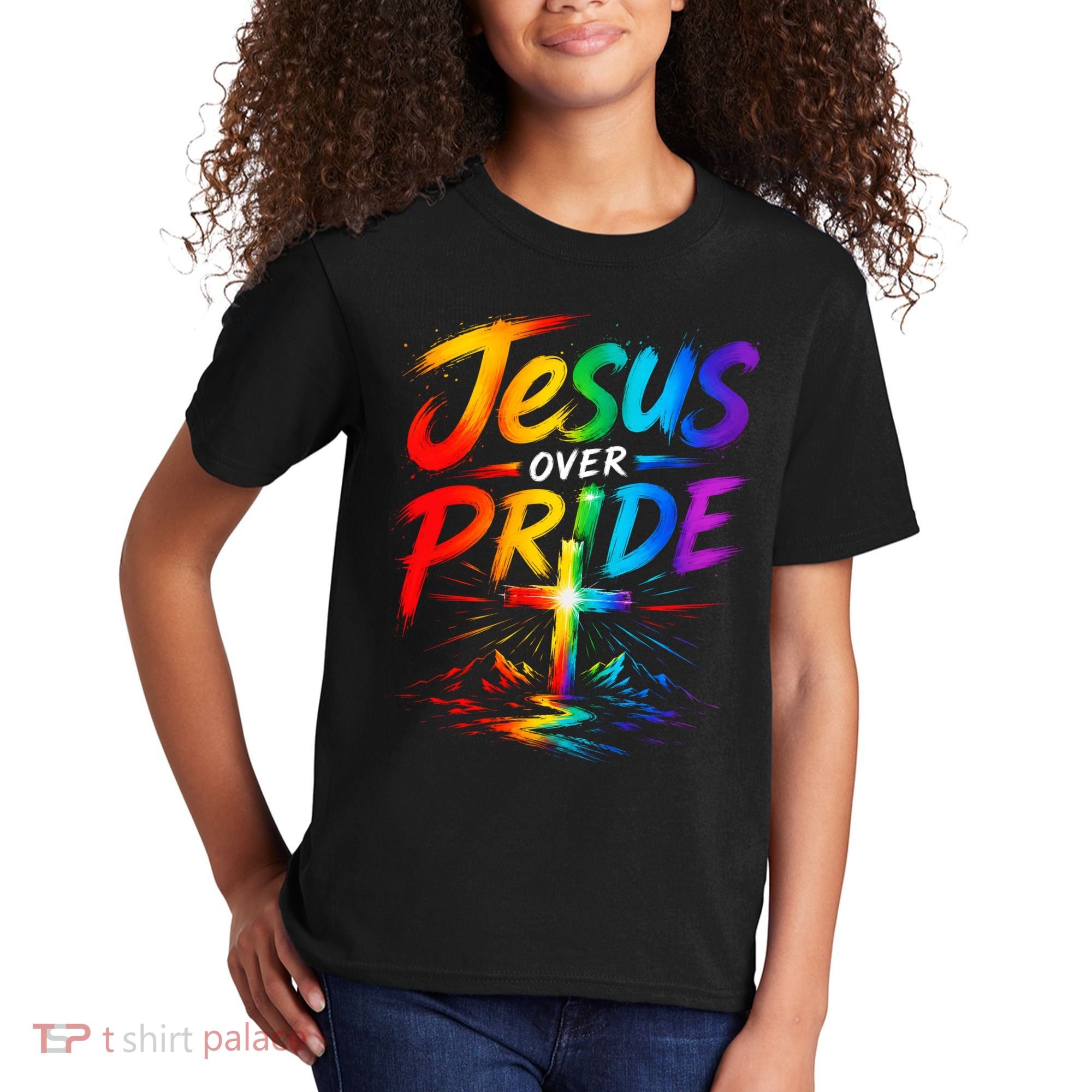 Jesus Over Pride Rainbow Cross Kids T-Shirt