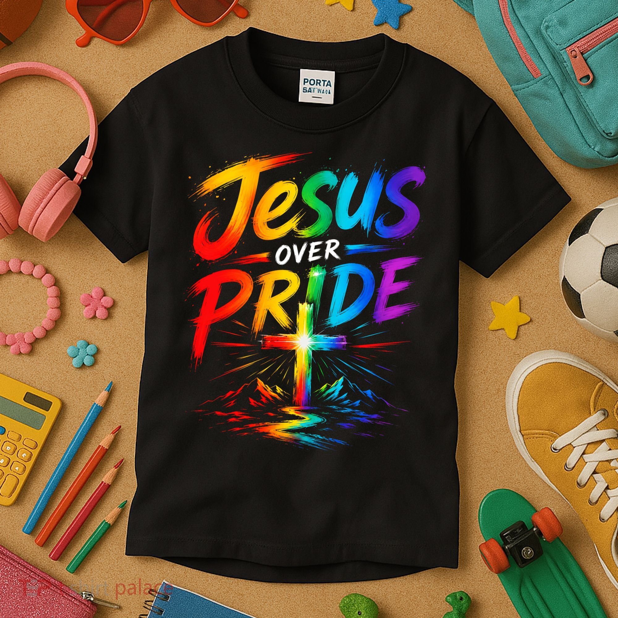 Jesus Over Pride Rainbow Cross Kids T-Shirt