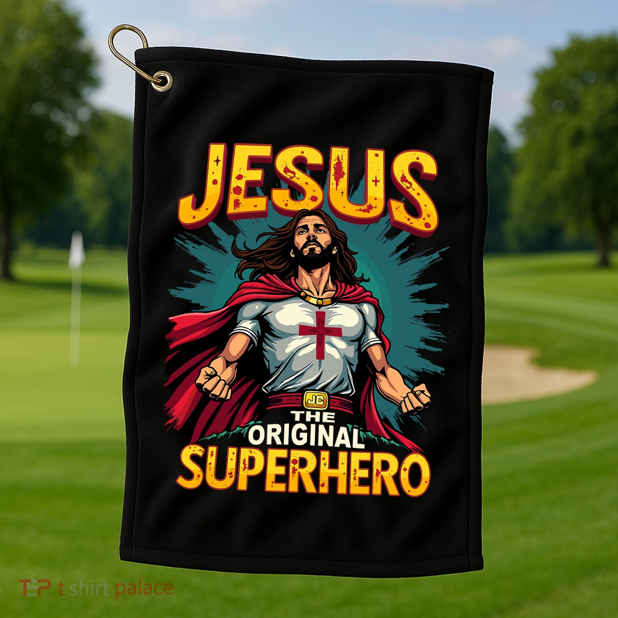 Jesus Original Superhero Comic Style Funny Christian Golf Towel
