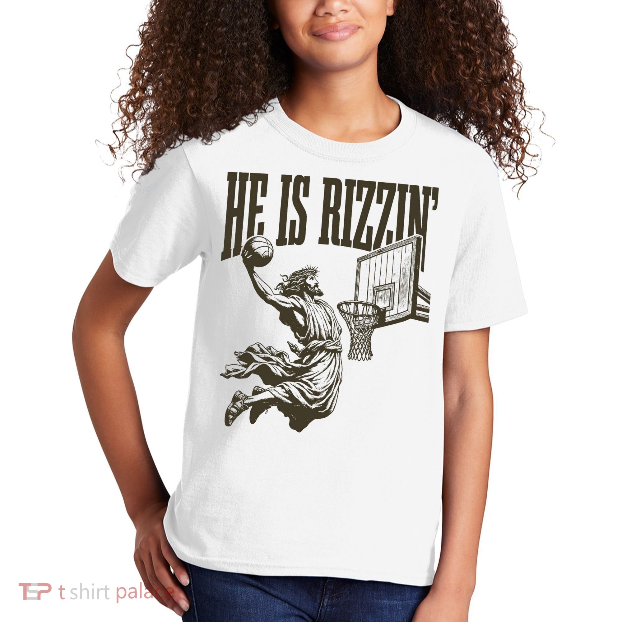 Jesus Playing Basketball He Is Rizzin Kids T-Shirt