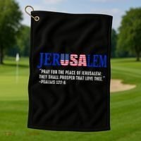 JERUSALEM Pray For the Peace Of Jerusalem US Israel Flag Golf Towel thumb 1