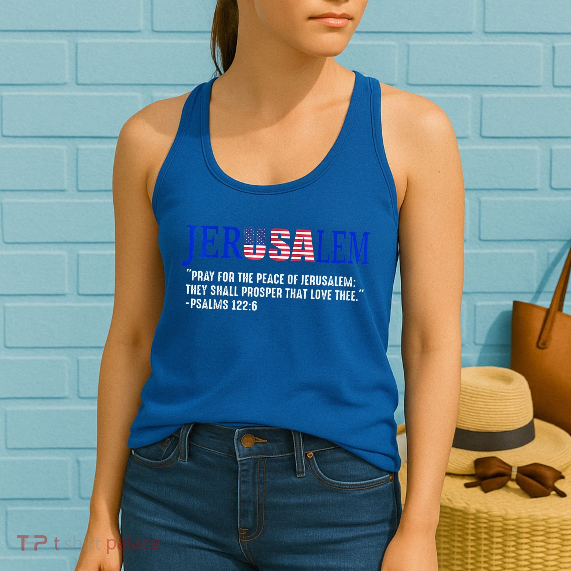 JERUSALEM Pray For the Peace Of Jerusalem US Israel Flag Women's Tank Top