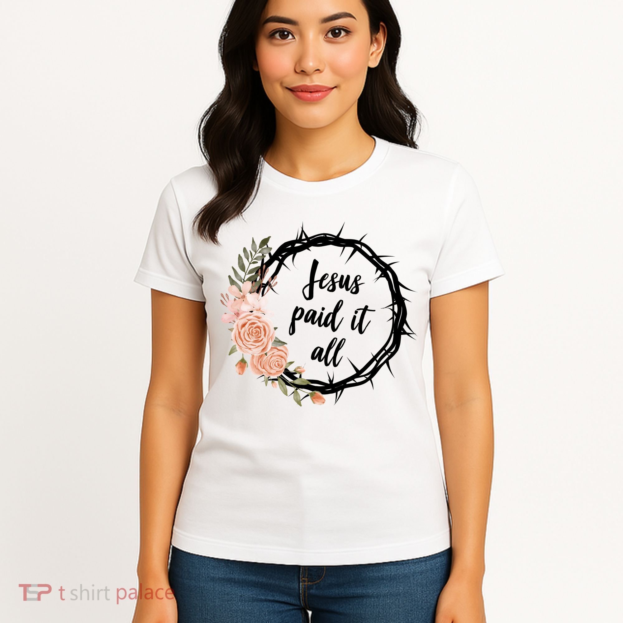 Jesus Paid It All Floral Crown Christian Women's T-Shirt