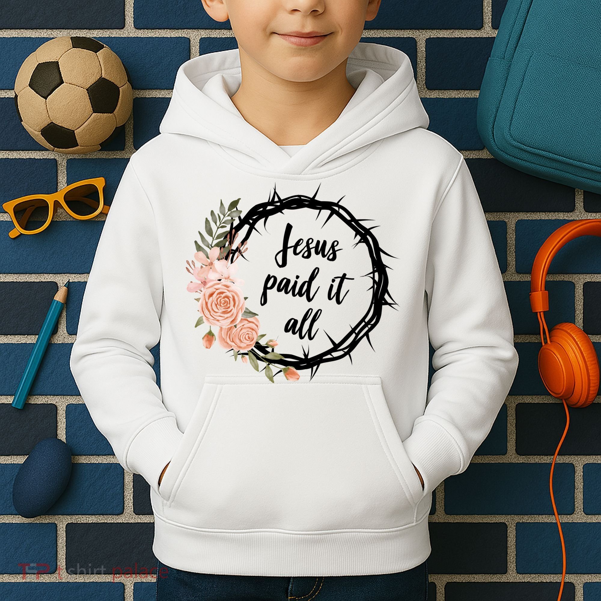 Jesus Paid It All Floral Crown Christian Kids Hoodie
