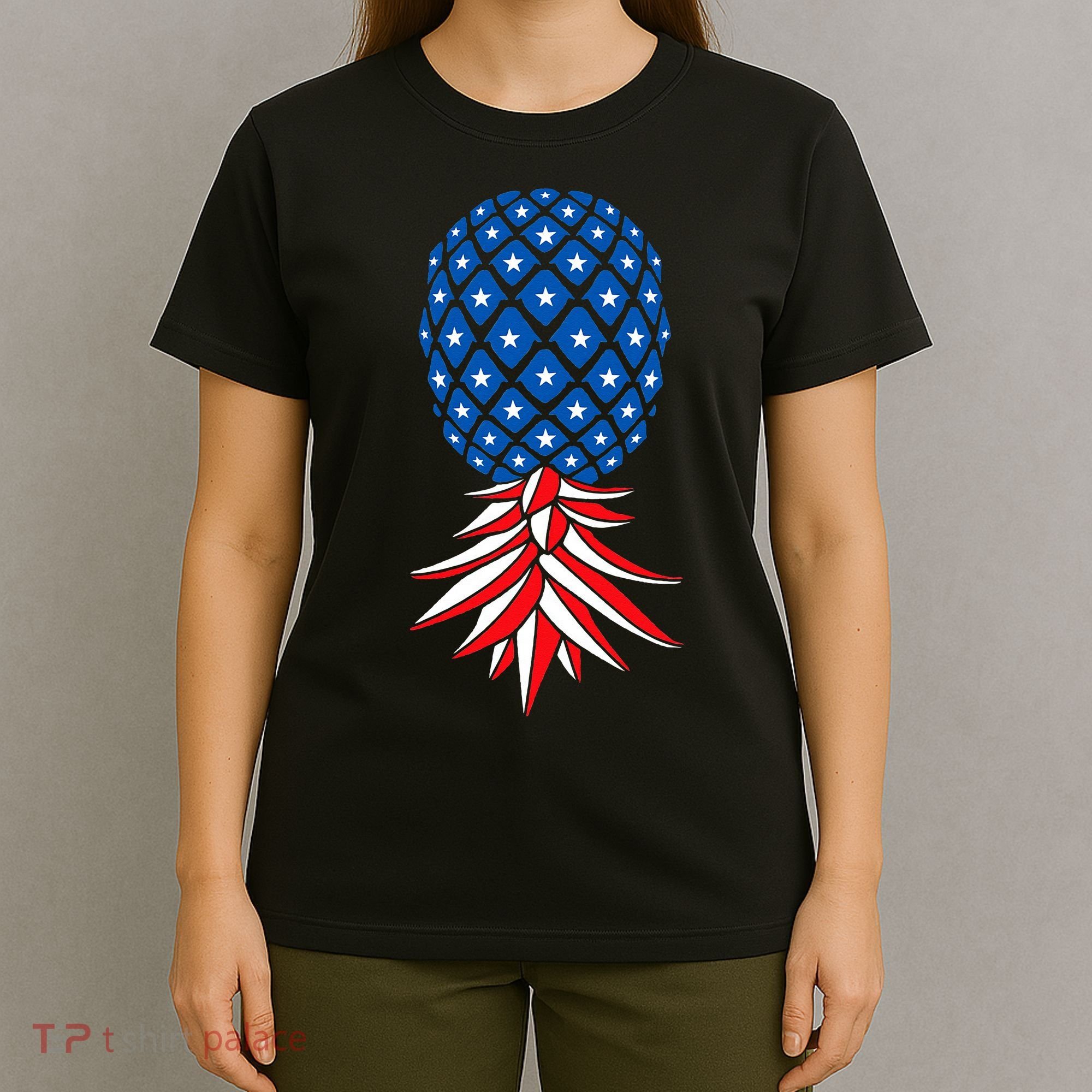 July Patriotic Red White Blue Upside Down Pineapple Swinger T-Shirt