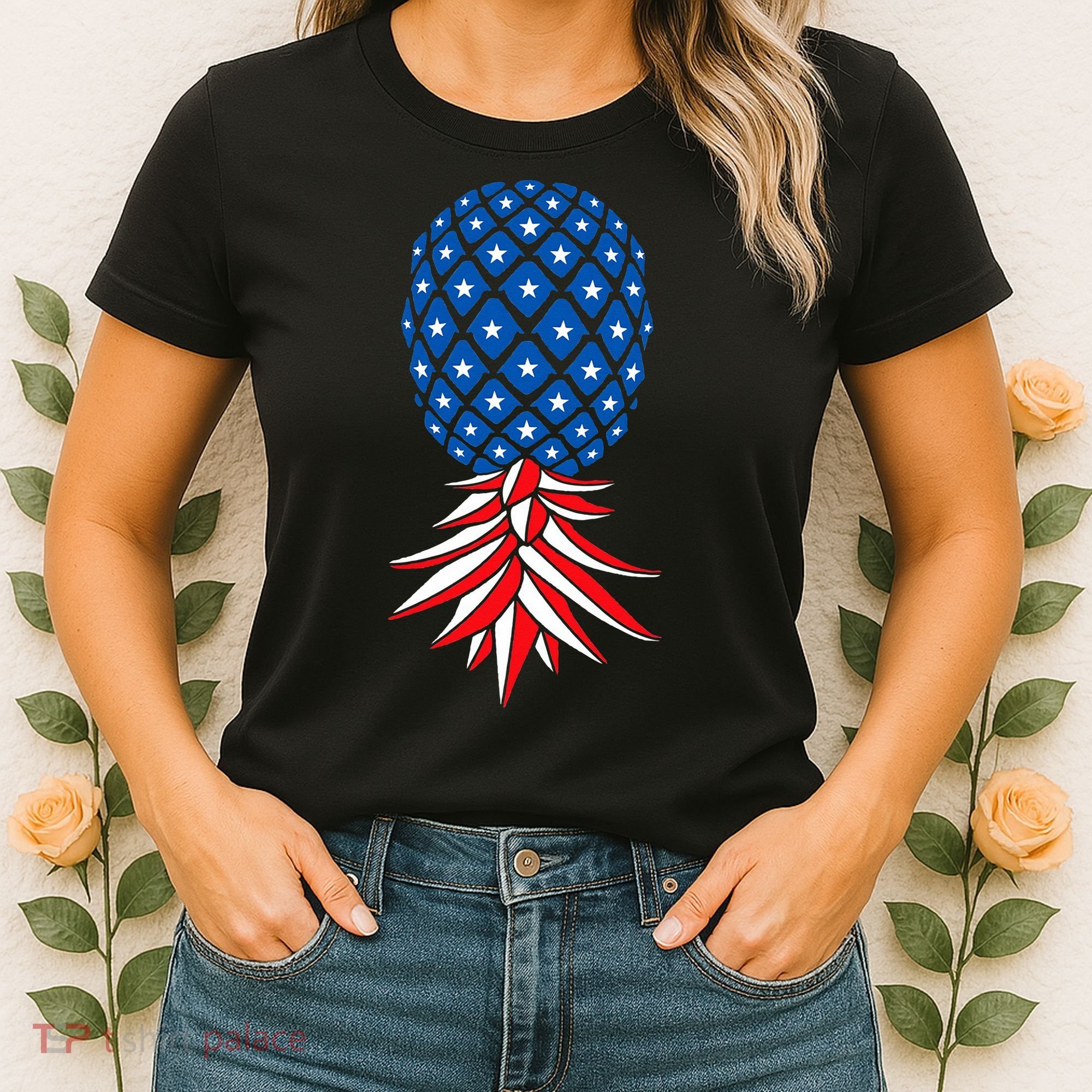 July Patriotic Red White Blue Upside Down Pineapple Swinger Women's T-Shirt