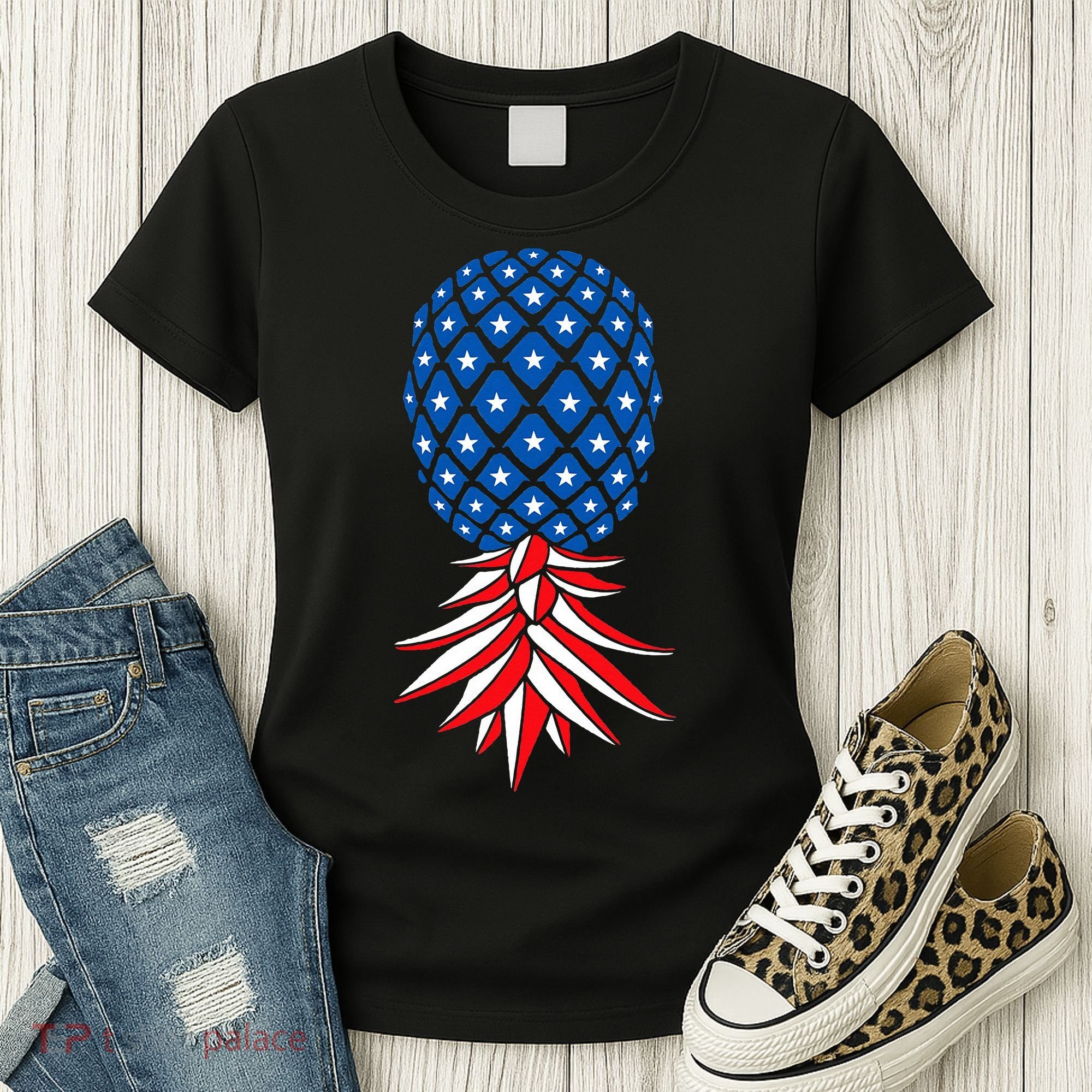 July Patriotic Red White Blue Upside Down Pineapple Swinger Women's T-Shirt