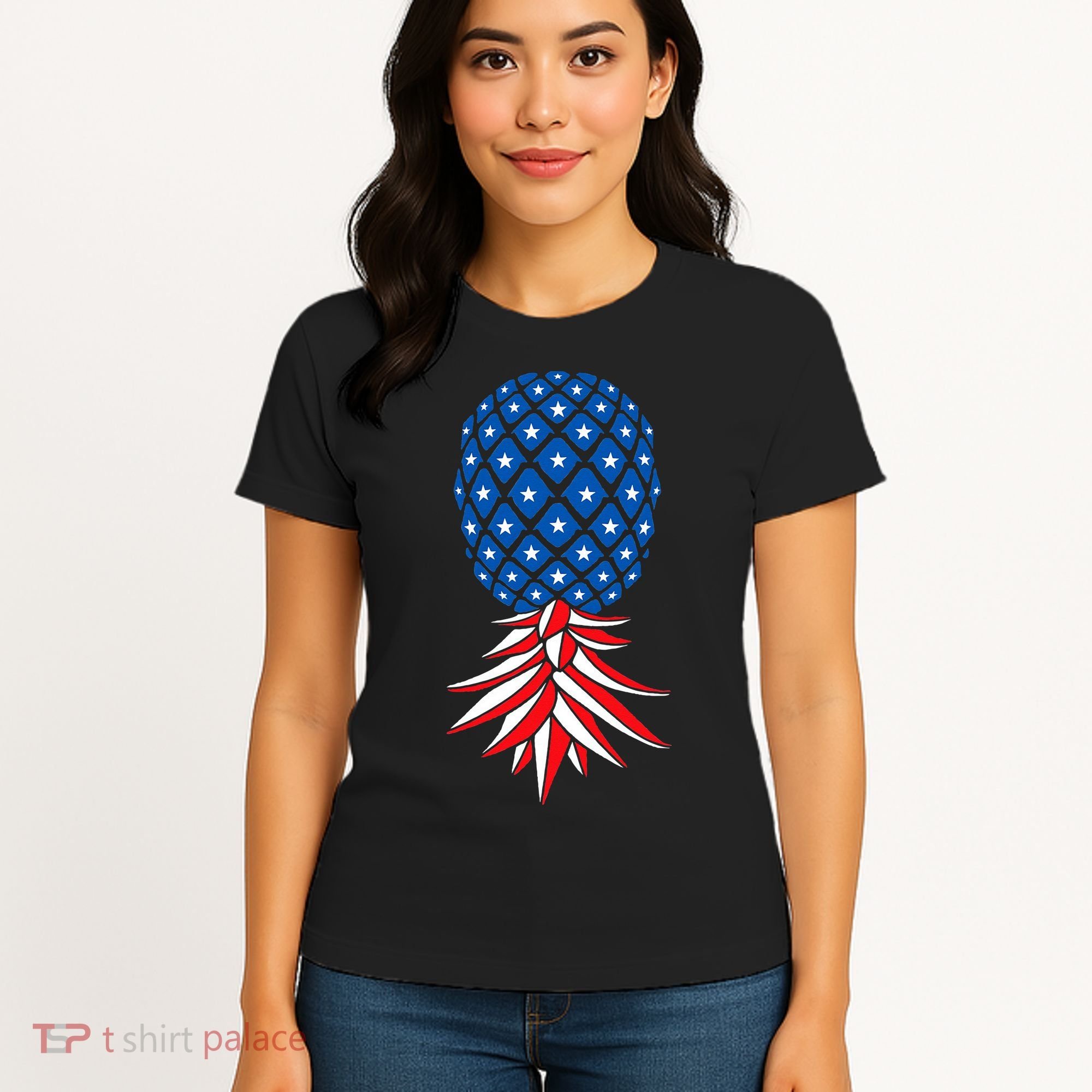 July Patriotic Red White Blue Upside Down Pineapple Swinger Women's T-Shirt