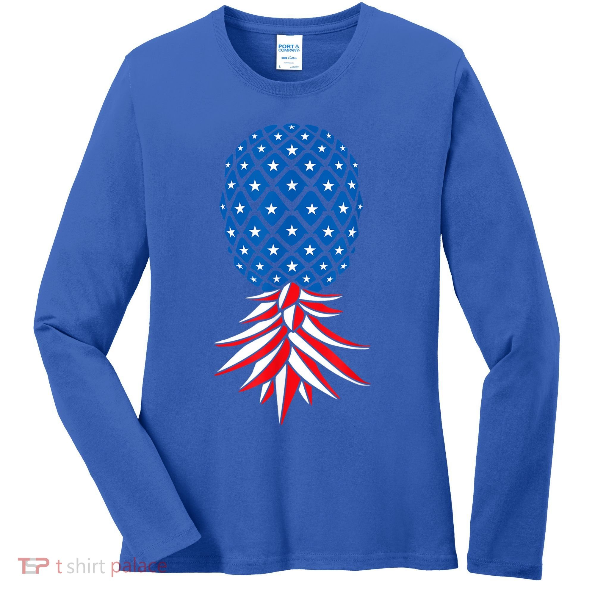 July Patriotic Red White Blue Upside Down Pineapple Swinger Women's Long Sleeve Shirt