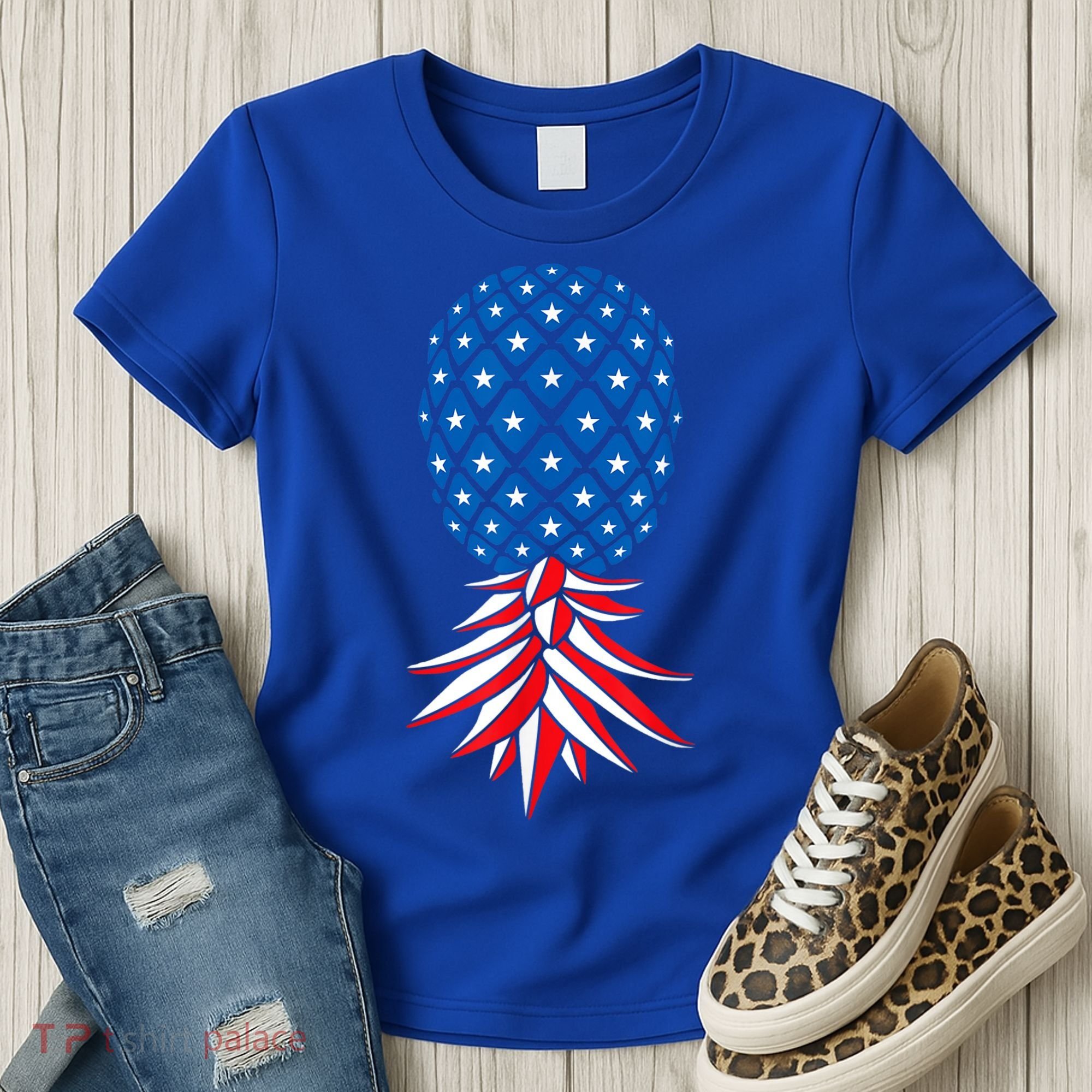 July Patriotic Red White Blue Upside Down Pineapple Swinger Women's T-Shirt