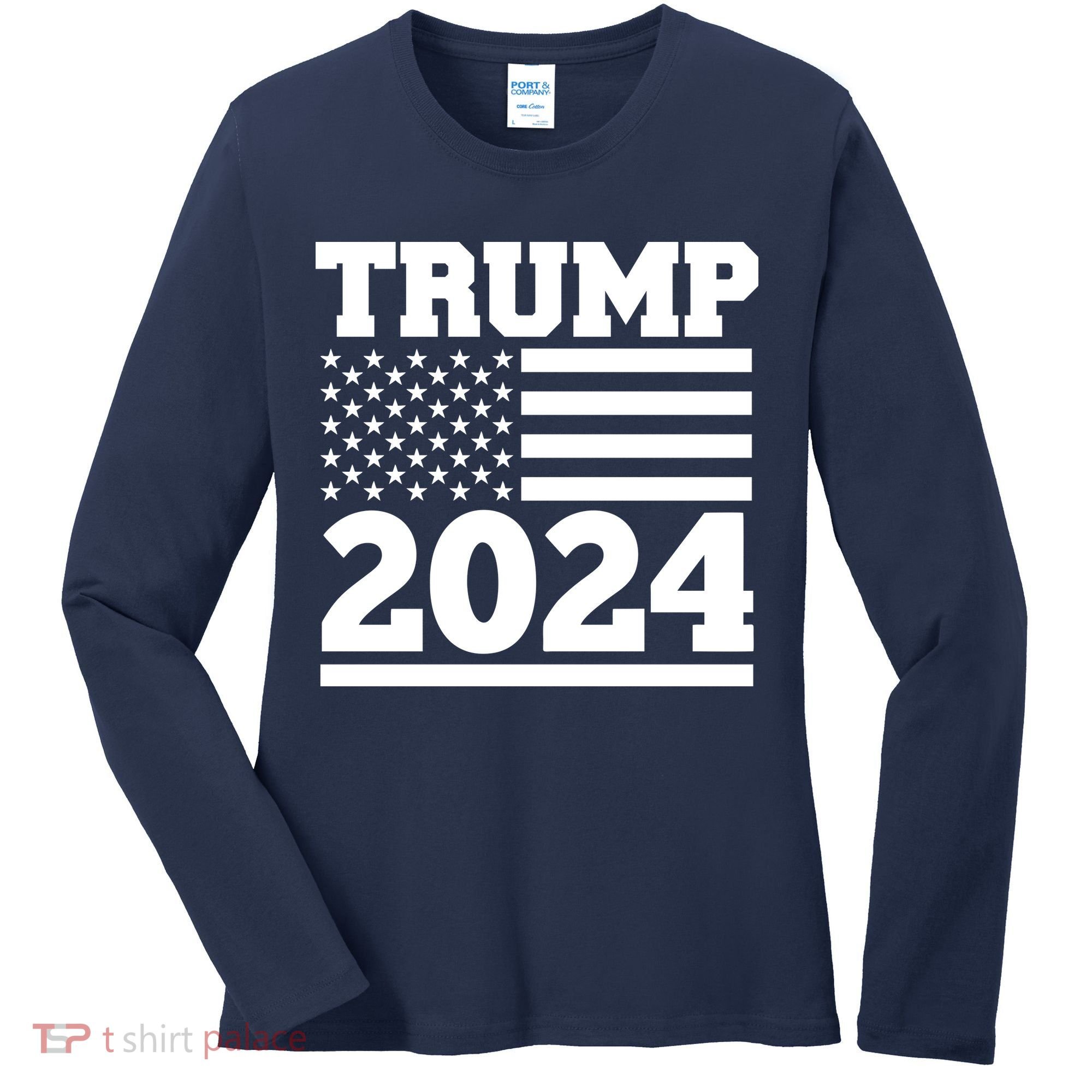 Jumbo Print Trump 2024 Usa Flag Women's Long Sleeve Shirt