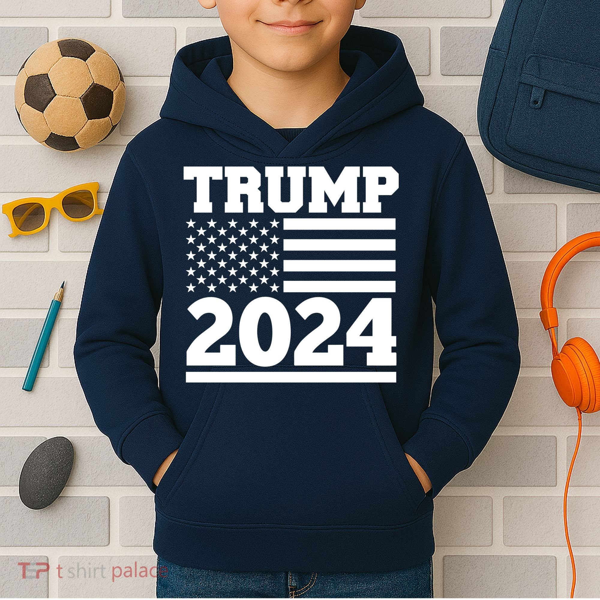 Jumbo Print Trump 2024 Usa Flag Kids Hoodie