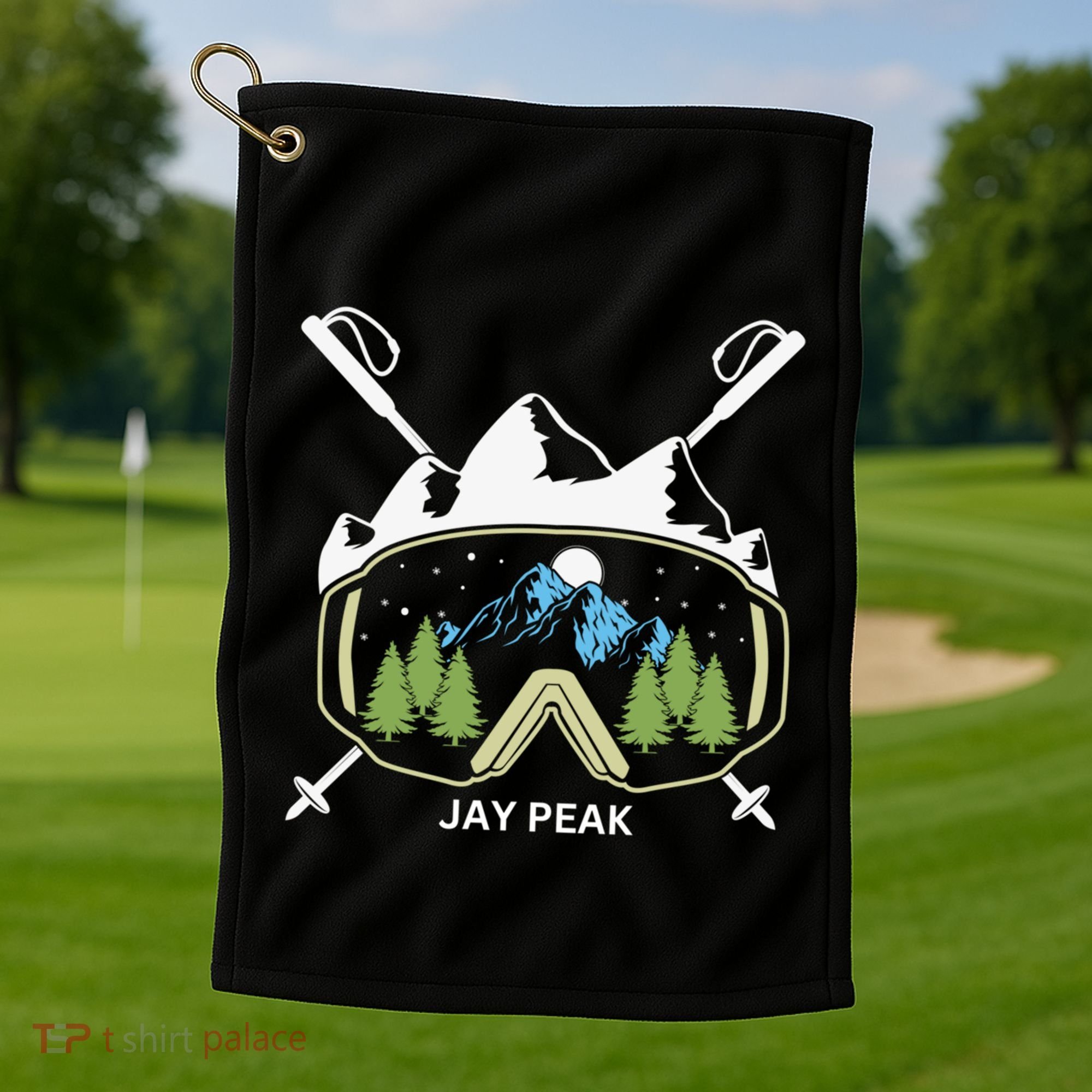 Jay Peak Vermont Skiing Skier Ski Goggles And Poles Gift Golf Towel