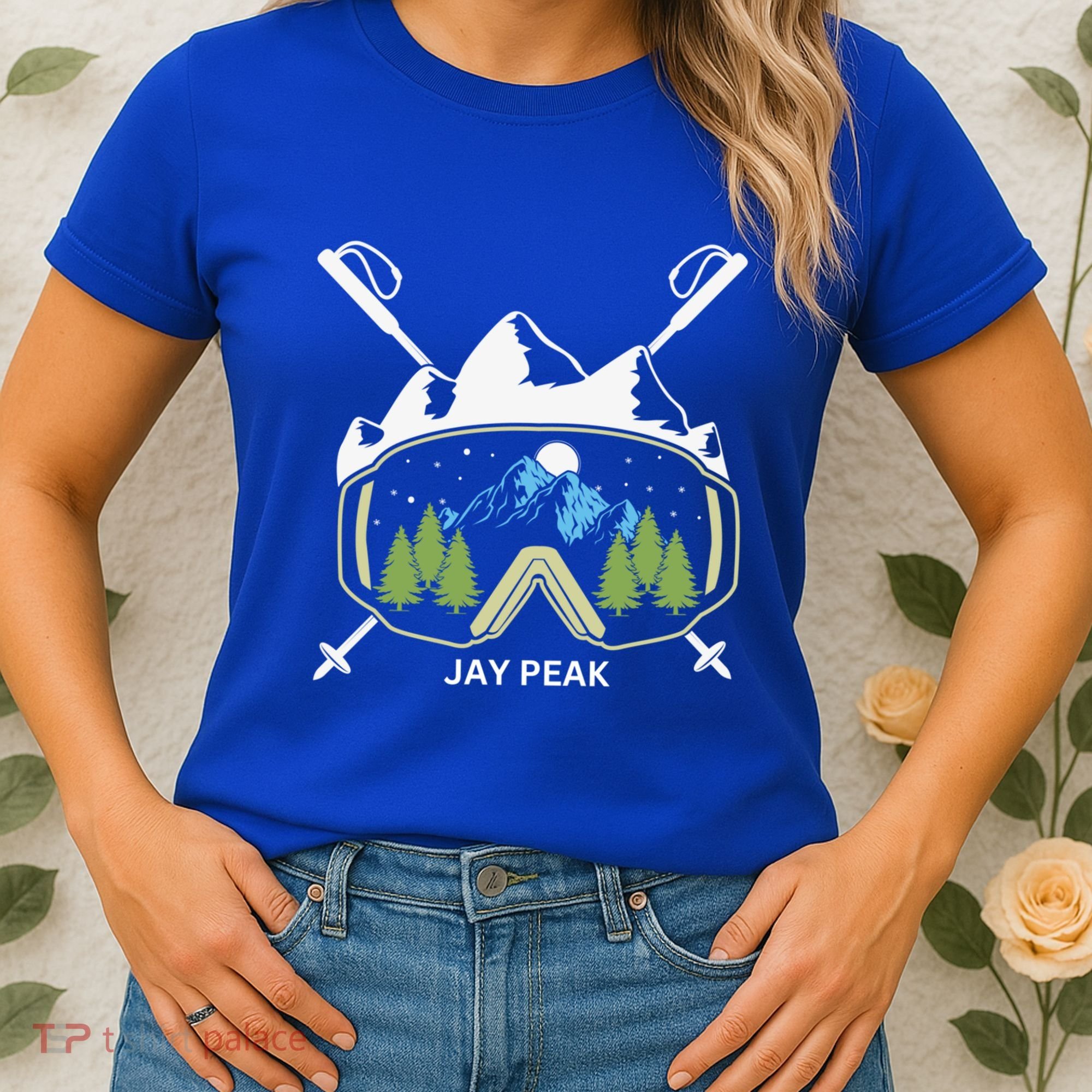 Jay Peak Vermont Skiing Skier Ski Goggles And Poles Gift Women's T-Shirt