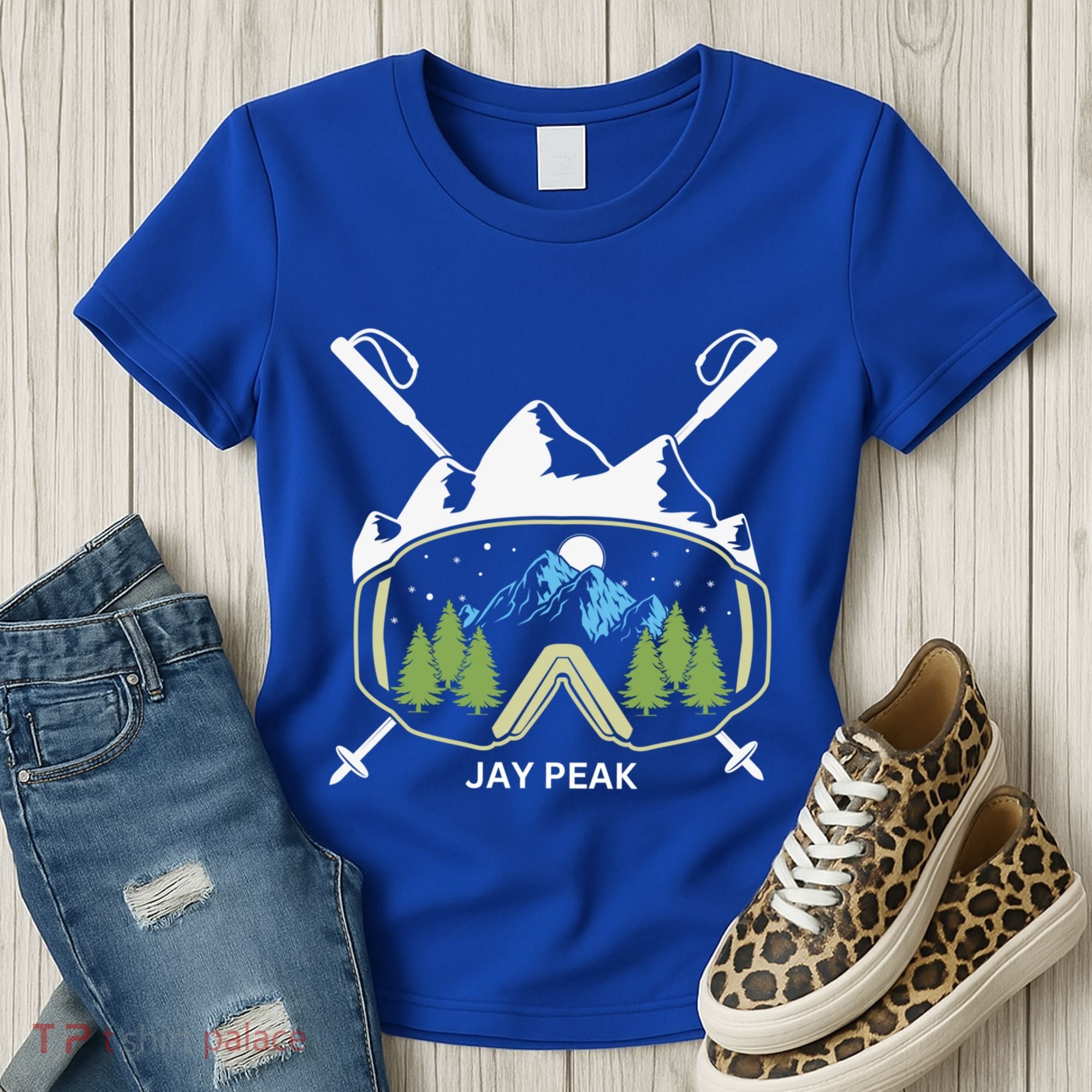 Jay Peak Vermont Skiing Skier Ski Goggles And Poles Gift Women's T-Shirt