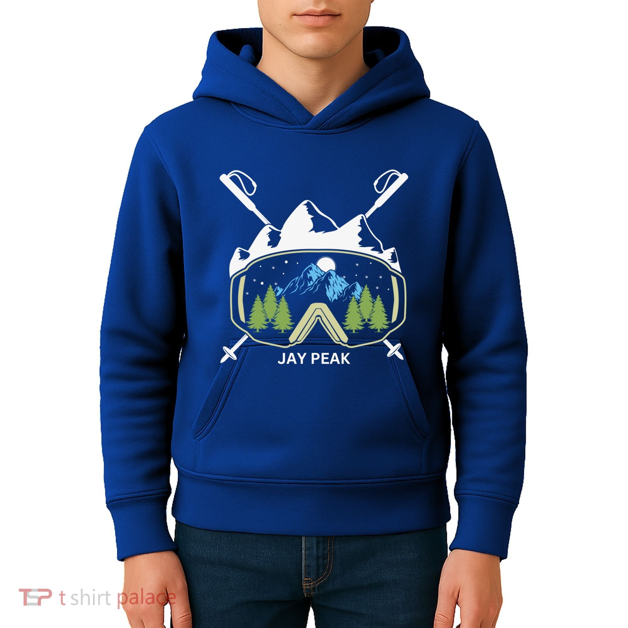 Jay Peak Vermont Skiing Skier Ski Goggles And Poles Gift Kids Hoodie