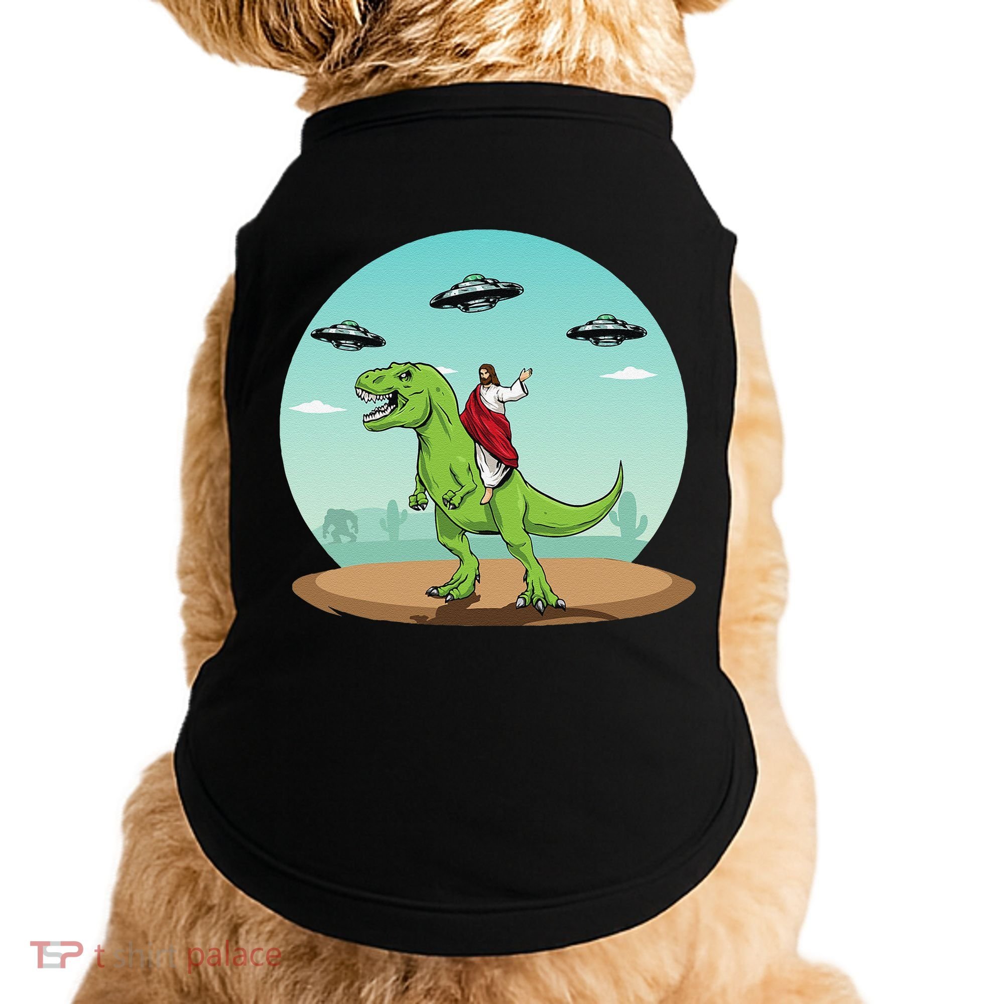 Jesus Riding A Dinosaur Funny Bigfoot UFO Alien Abduction Doggie Tank