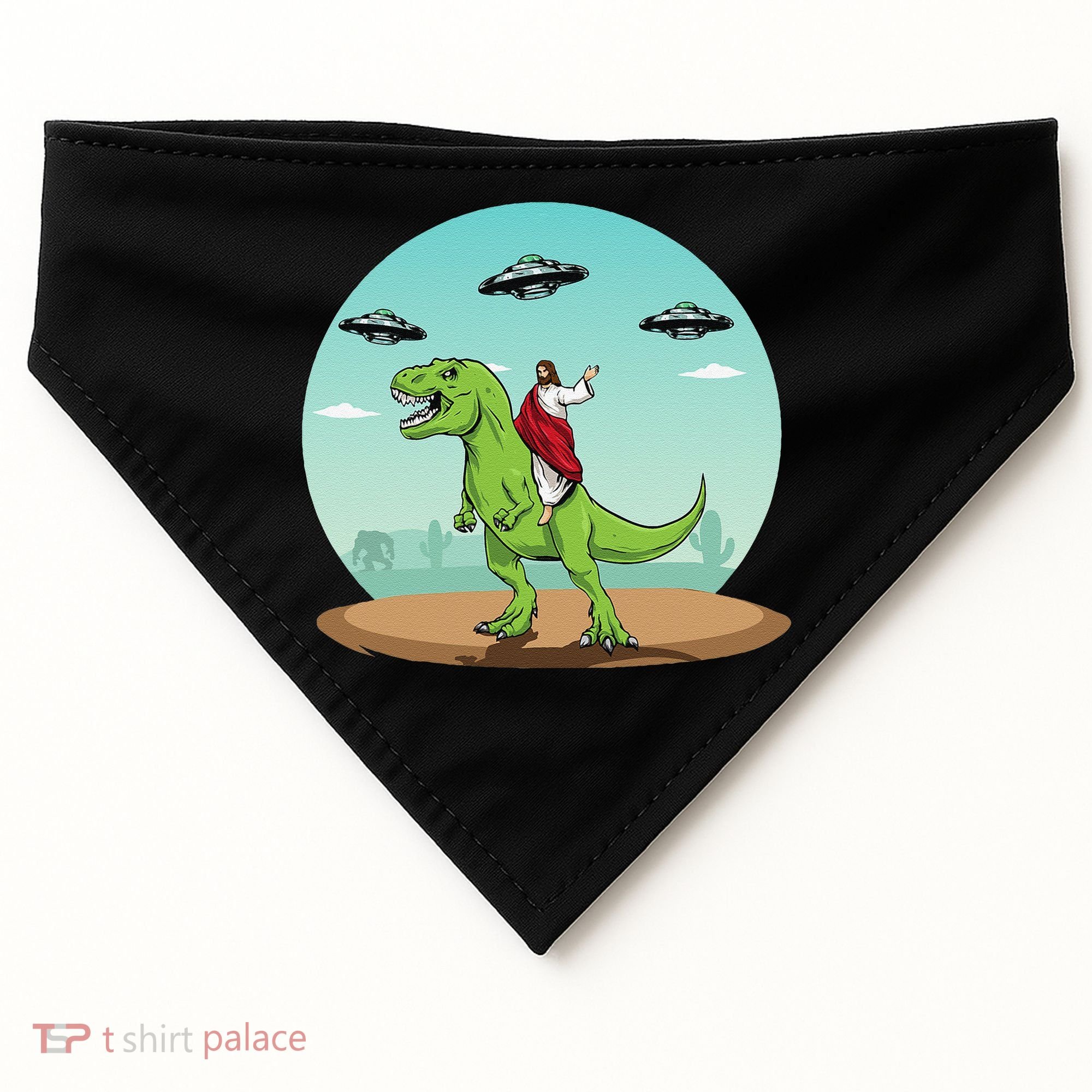 Jesus Riding A Dinosaur Funny Bigfoot UFO Alien Abduction USA-Made Doggie Bandana