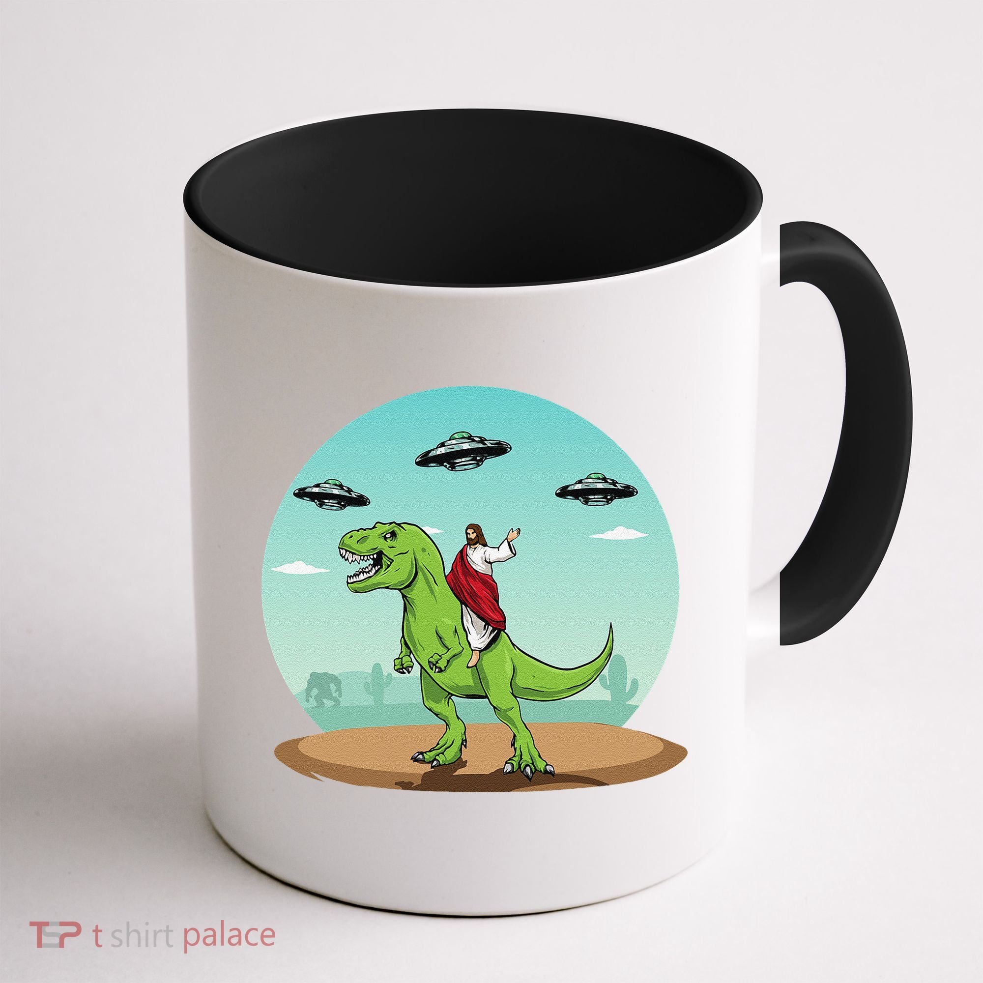 Jesus Riding A Dinosaur Funny Bigfoot UFO Alien Abduction Coffee Mug