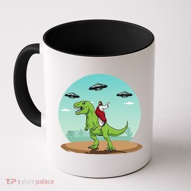 Jesus Riding A Dinosaur Funny Bigfoot UFO Alien Abduction Coffee Mug
