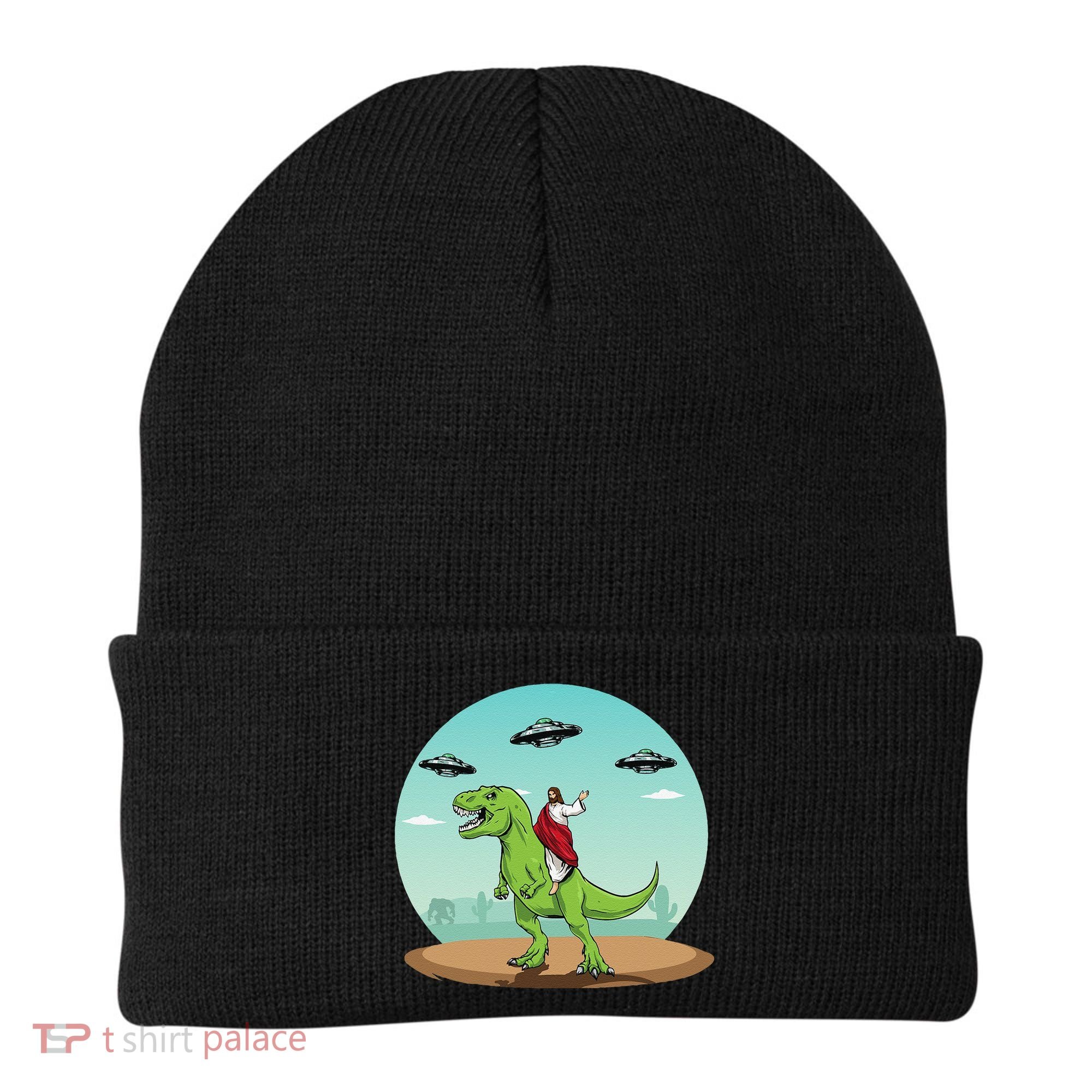 Jesus Riding A Dinosaur Funny Bigfoot UFO Alien Abduction Beanie