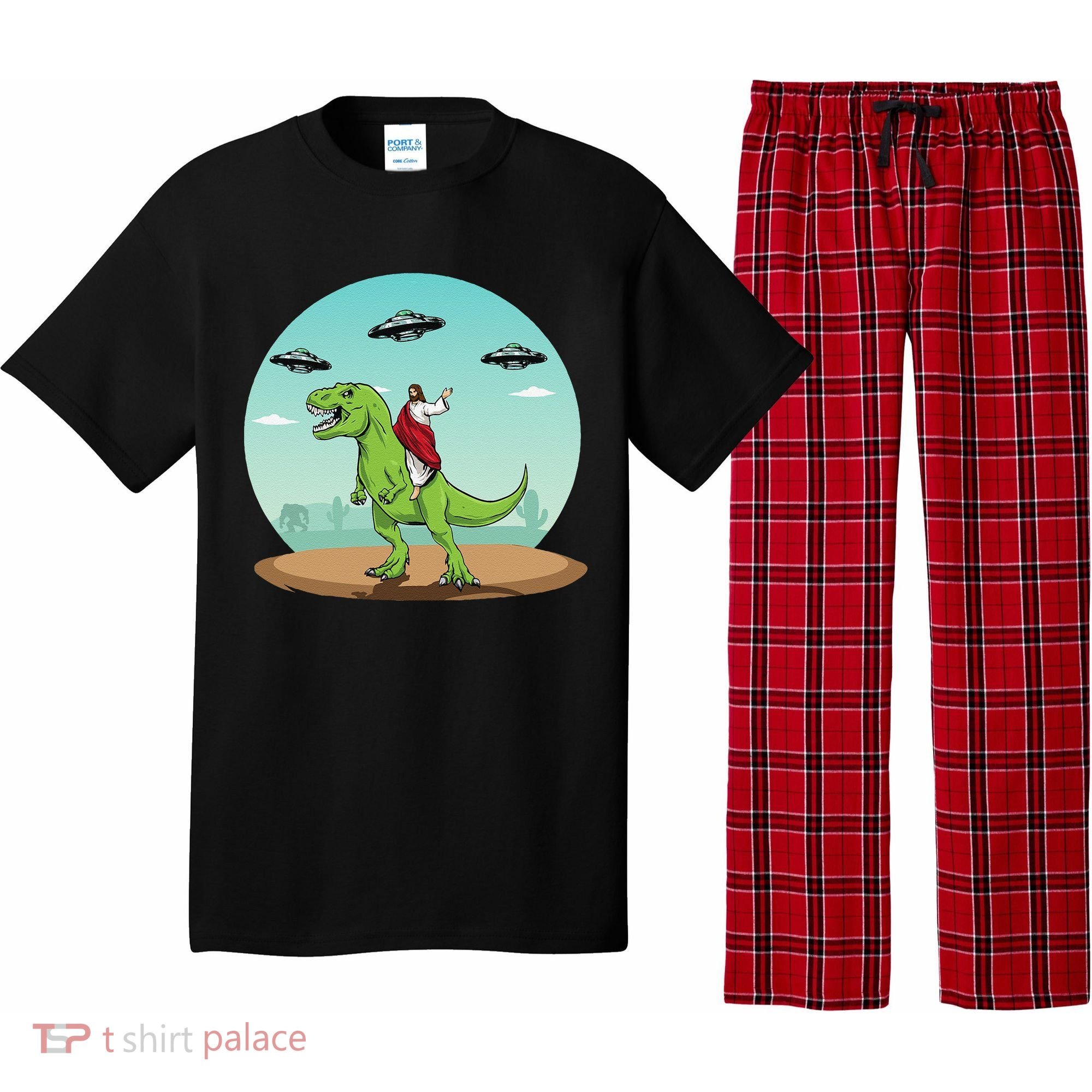 Jesus Riding A Dinosaur Funny Bigfoot UFO Alien Abduction Pajama Set