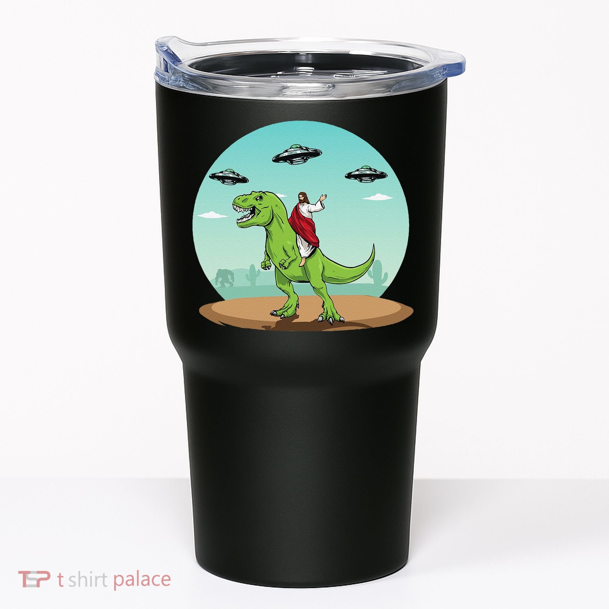Jesus Riding A Dinosaur Funny Bigfoot UFO Alien Abduction Tumbler