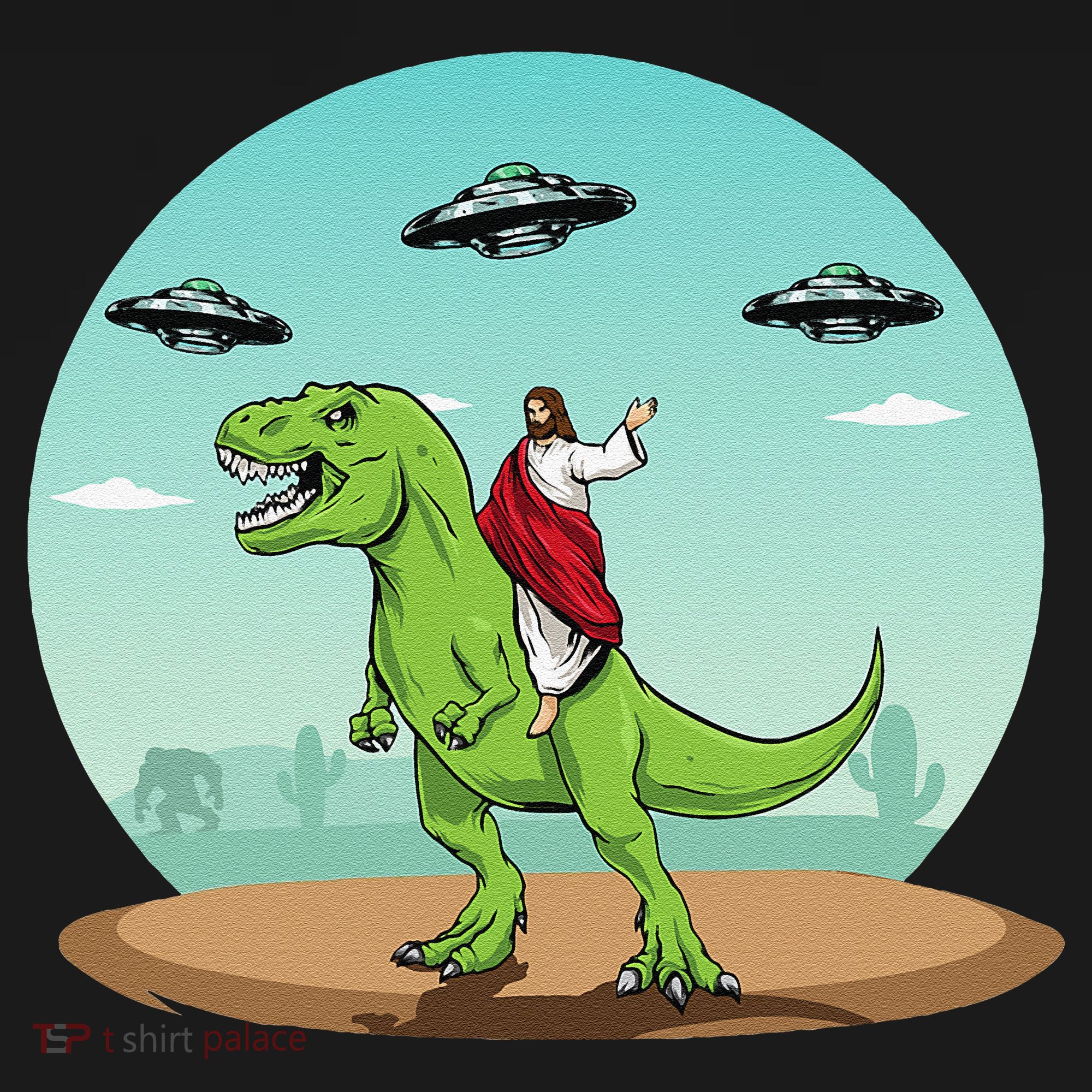 Jesus Riding A Dinosaur Funny Bigfoot UFO Alien Abduction Women's Tank Top