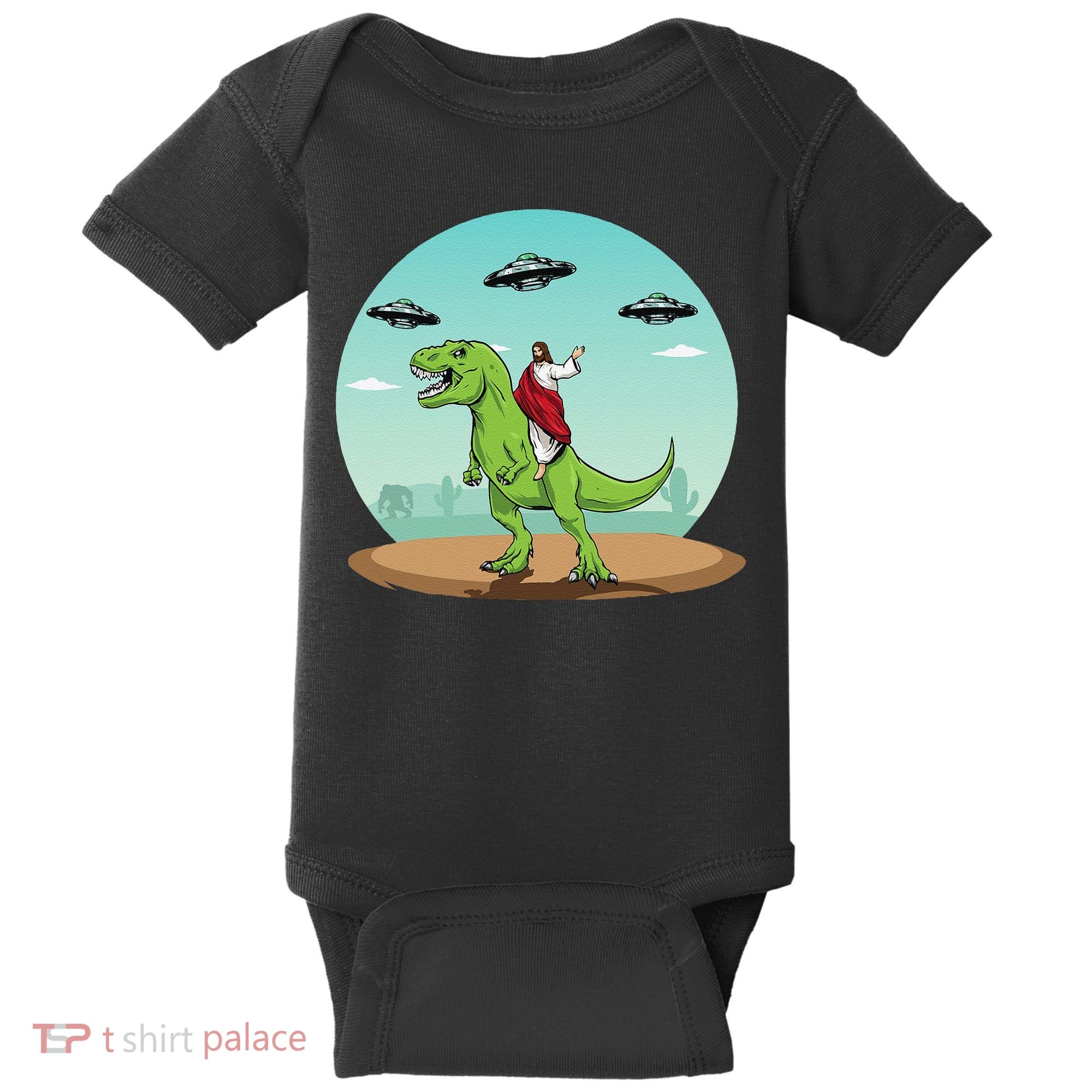 Jesus Riding A Dinosaur Funny Bigfoot UFO Alien Abduction Baby Bodysuit