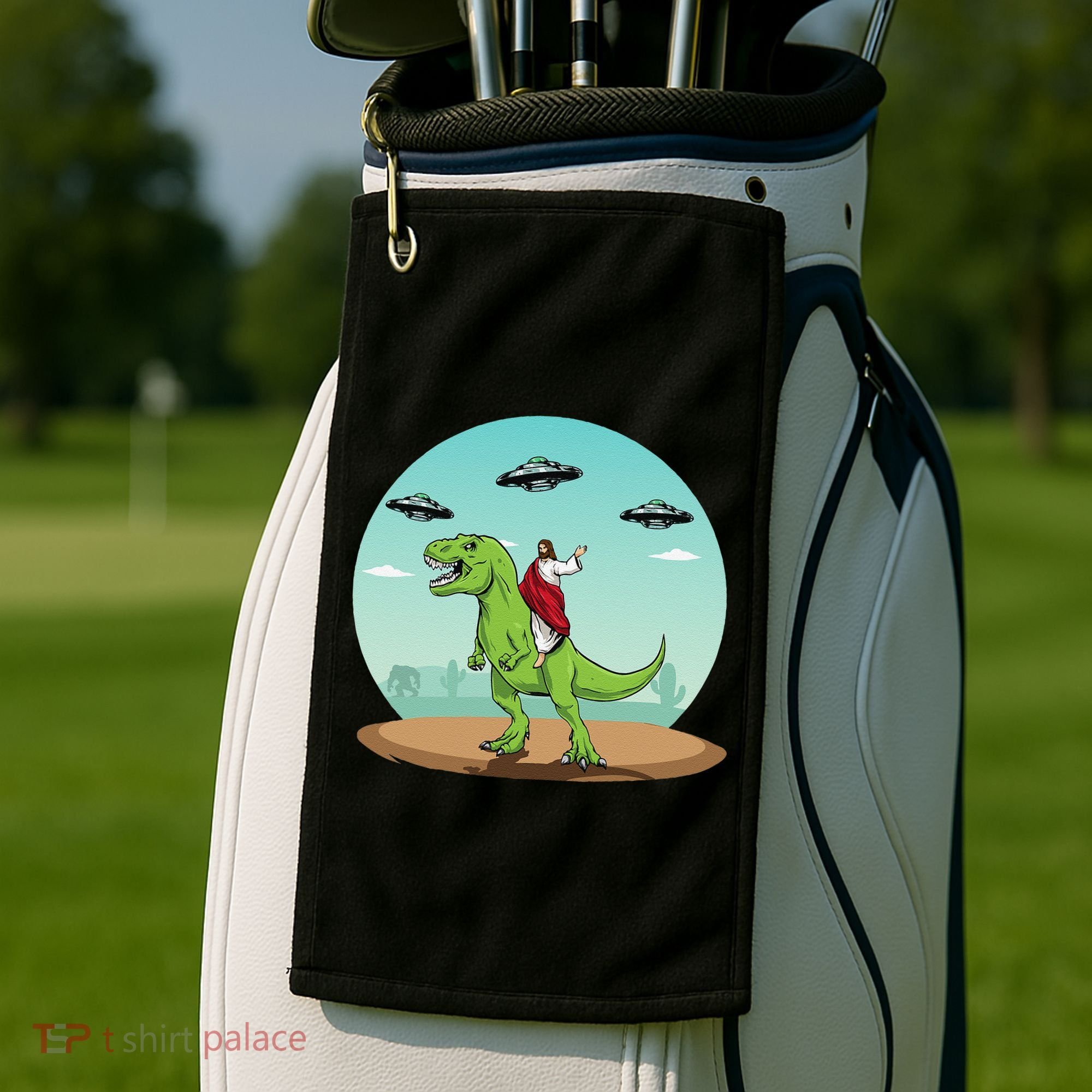 Jesus Riding A Dinosaur Funny Bigfoot UFO Alien Abduction Golf Towel
