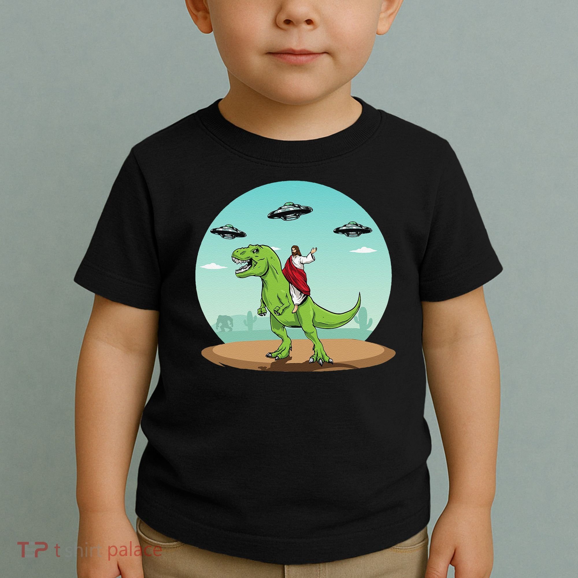 Jesus Riding A Dinosaur Funny Bigfoot UFO Alien Abduction Toddler T-Shirt
