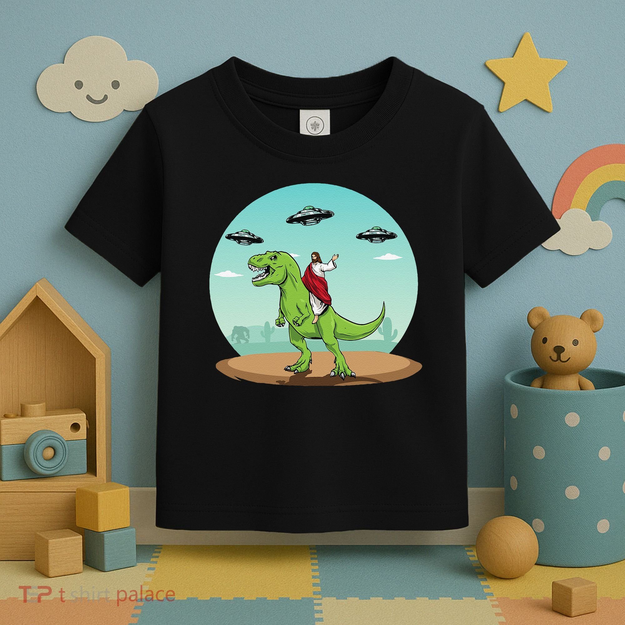 Jesus Riding A Dinosaur Funny Bigfoot UFO Alien Abduction Toddler T-Shirt