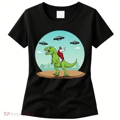Jesus Riding A Dinosaur Funny Bigfoot UFO Alien Abduction Women's T-Shirt