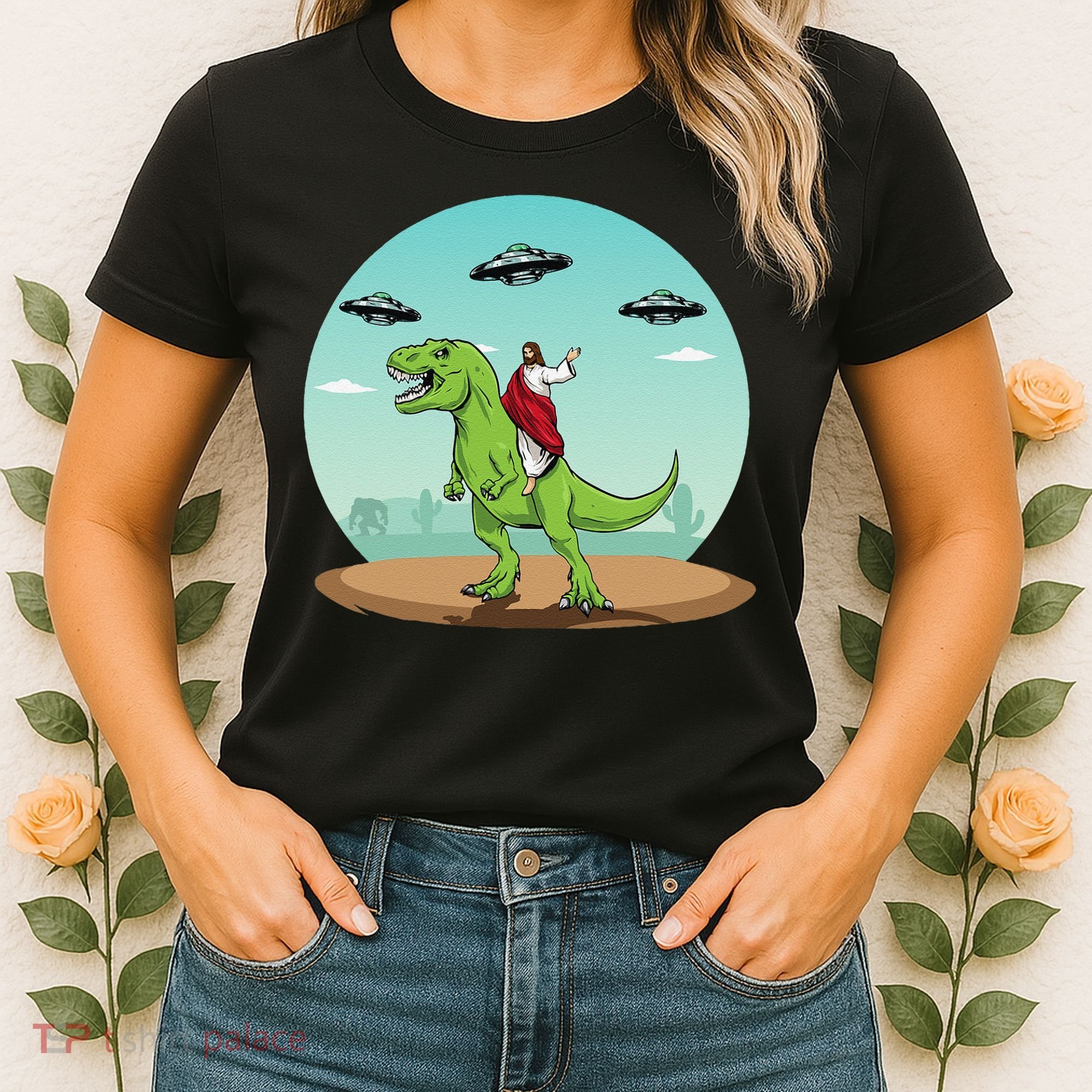 Jesus Riding A Dinosaur Funny Bigfoot UFO Alien Abduction Women's T-Shirt