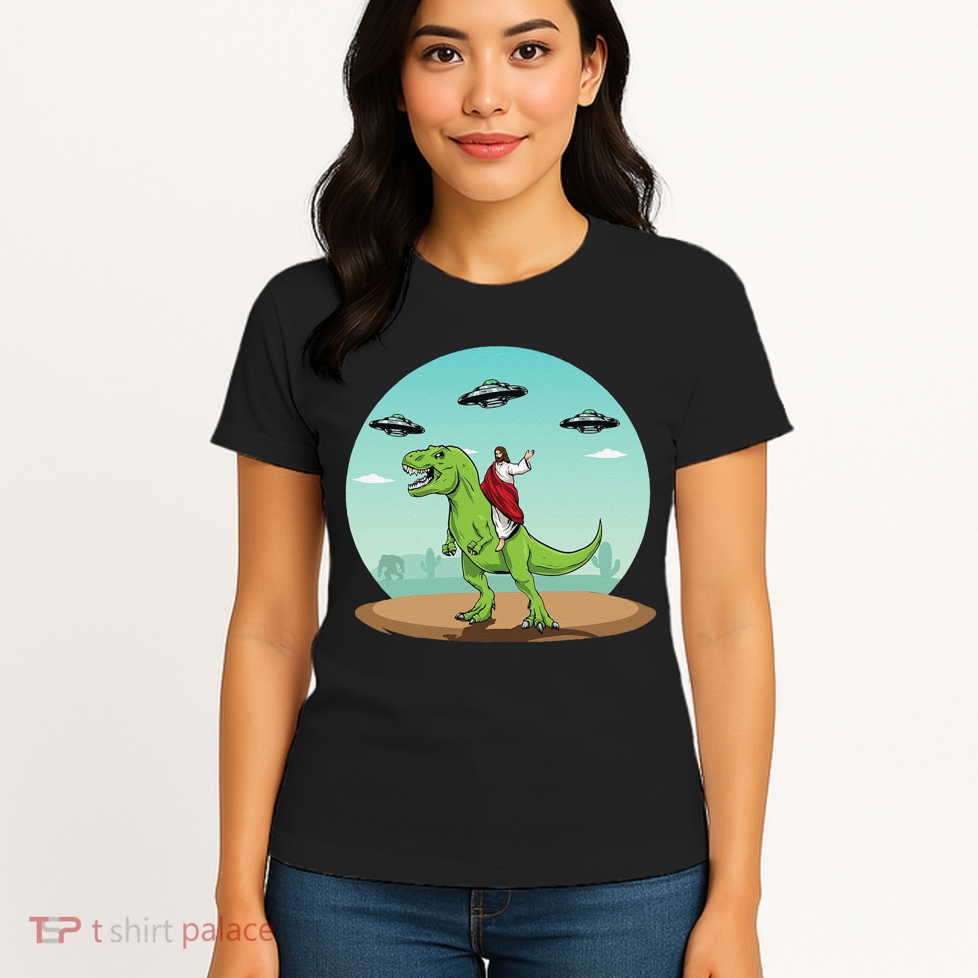 Jesus Riding A Dinosaur Funny Bigfoot UFO Alien Abduction Women's T-Shirt