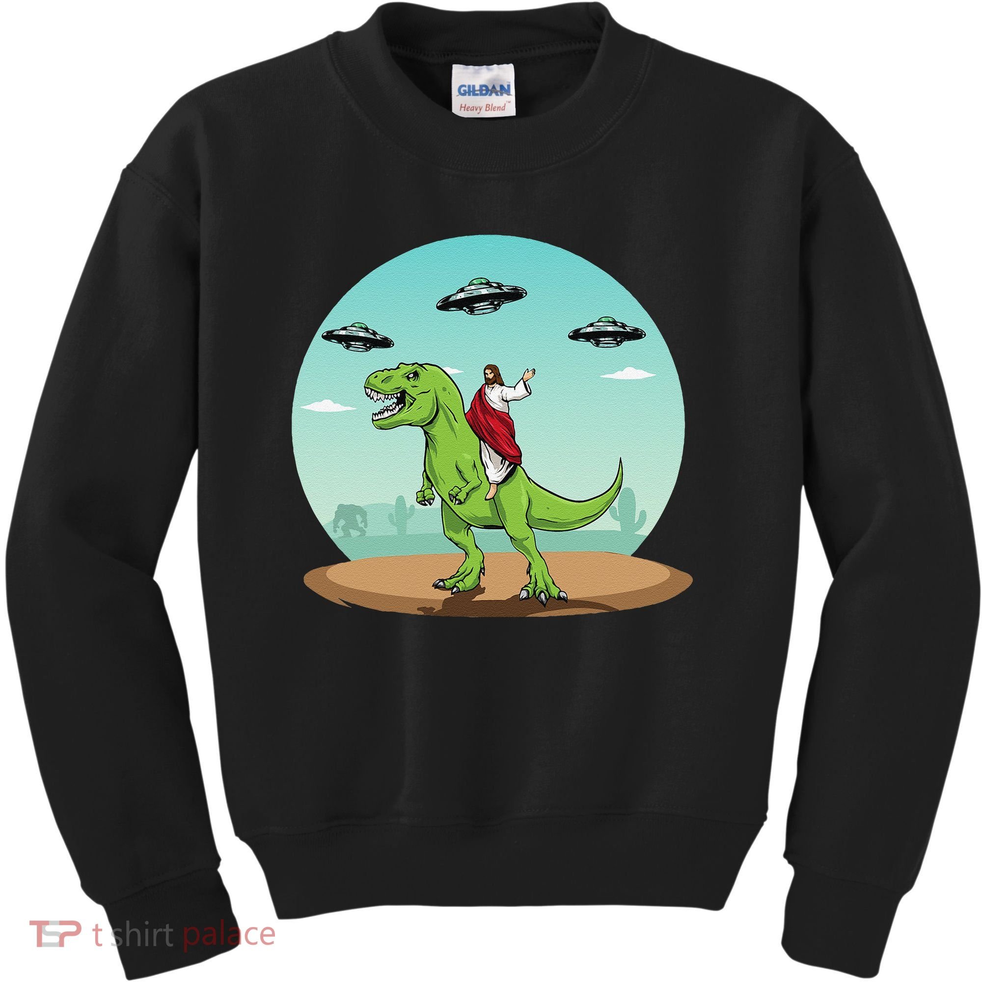 Jesus Riding A Dinosaur Funny Bigfoot UFO Alien Abduction Kids Sweatshirt